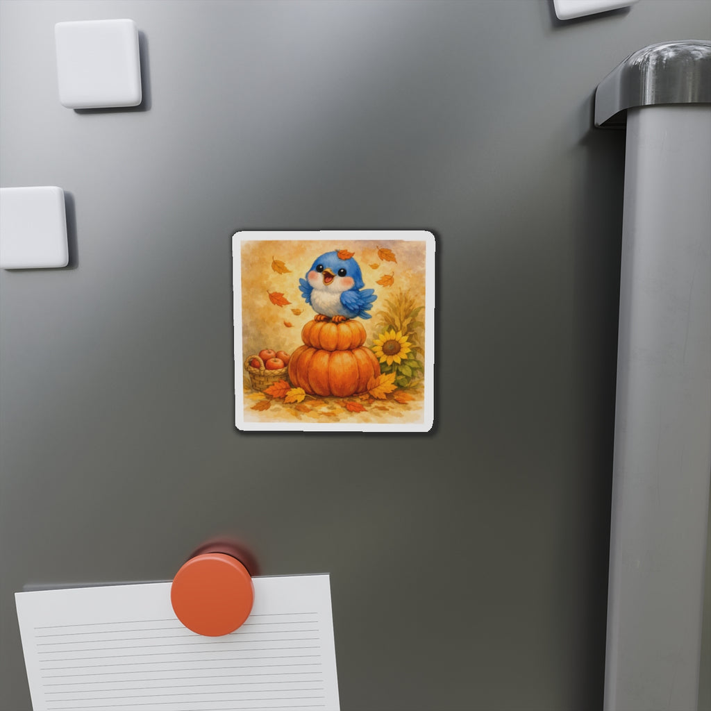 Harvest Bluebird Die‑Cut Magnet – Cozy Fall Pumpkin Watercolor Design