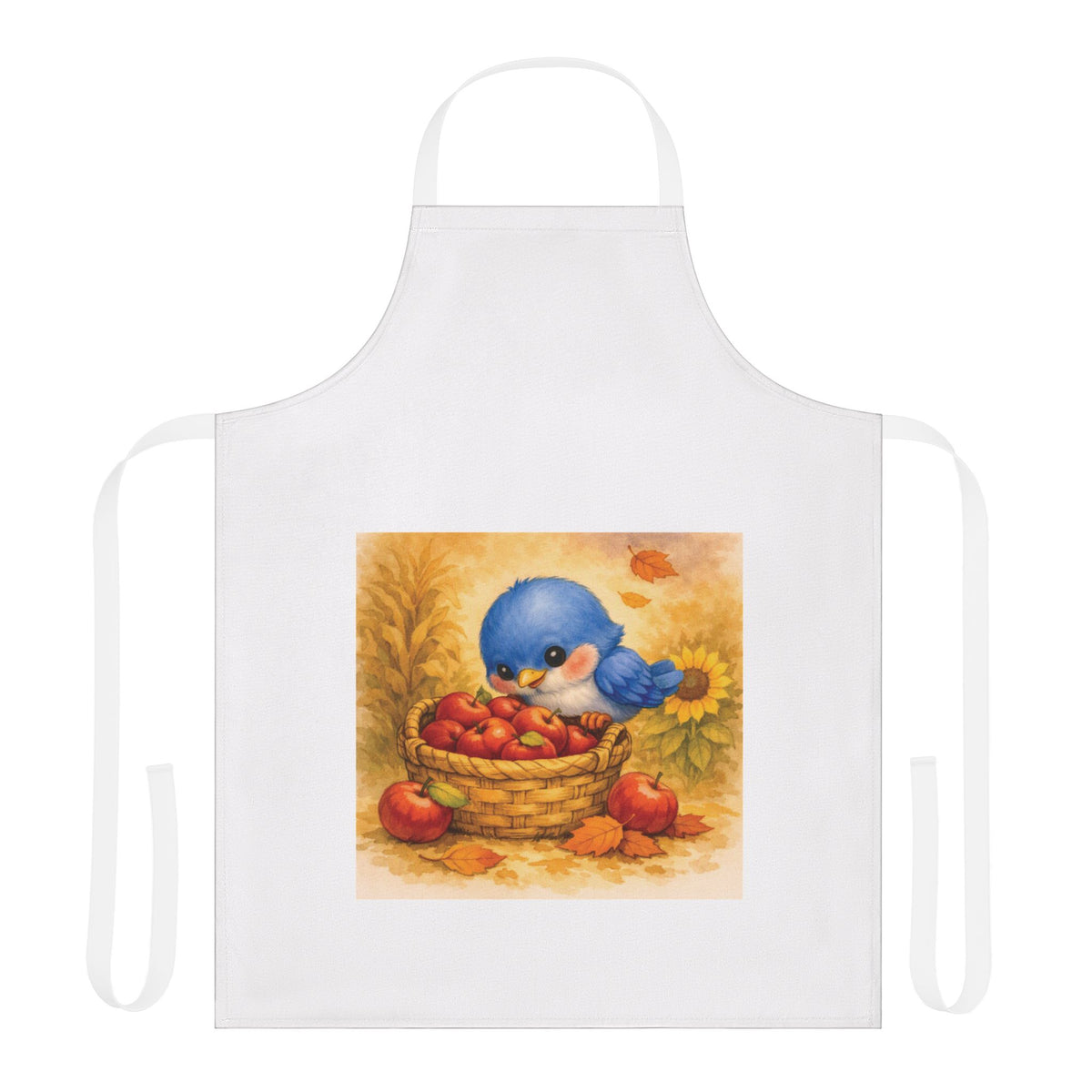 Bluebird & Apple Basket Fall Apron – Cozy Watercolor Kitchen Gift for Autumn Baking