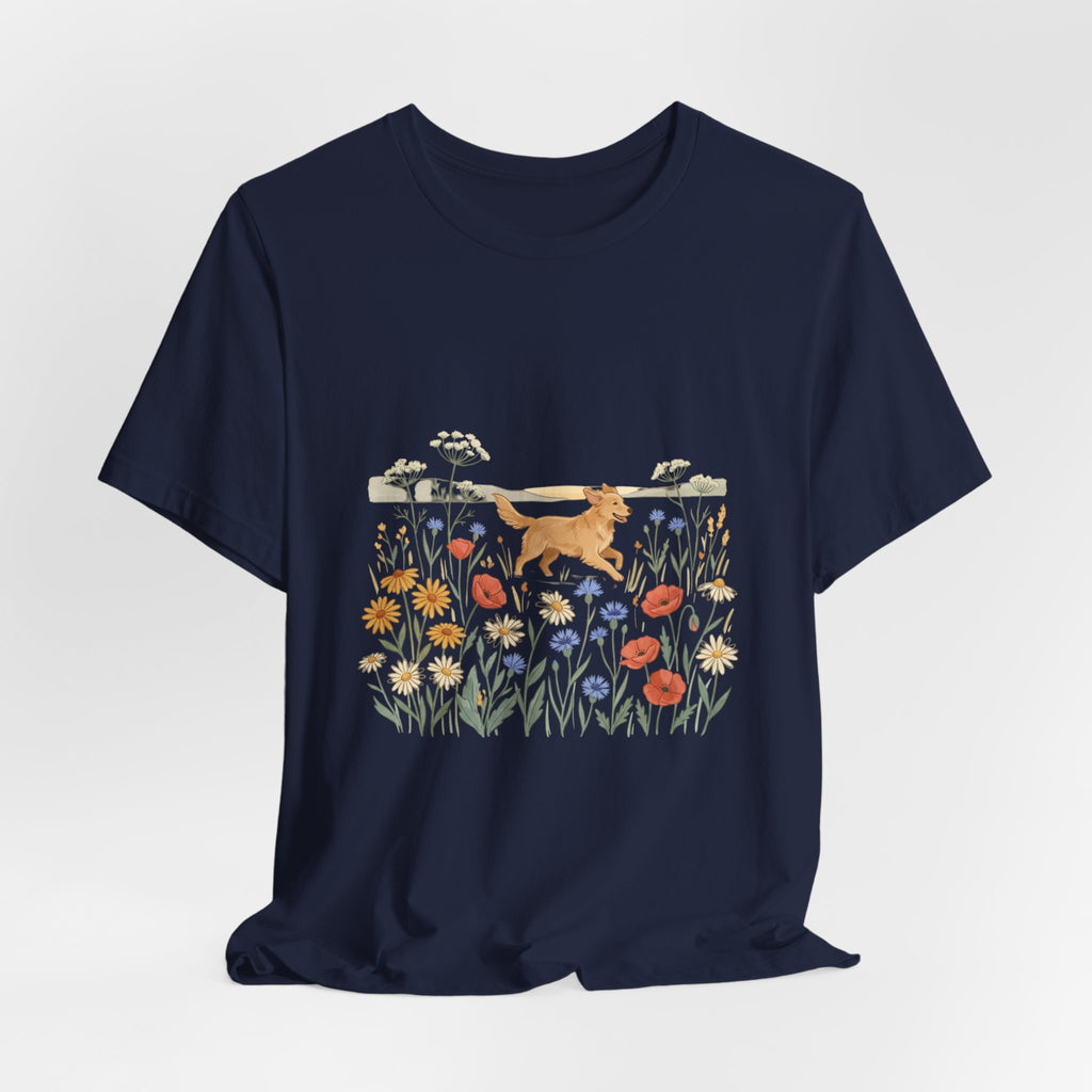 Floral Meadow Dog T‑Shirt — Playful Golden Retriever in Wildflower Field