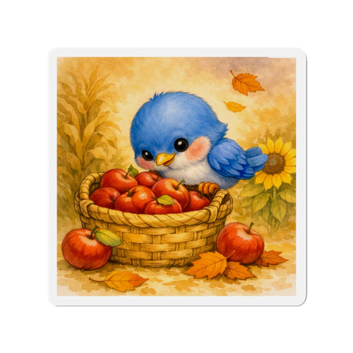 Bluebird with Apple Basket Die‑Cut Magnet – Cozy Fall Watercolor Design