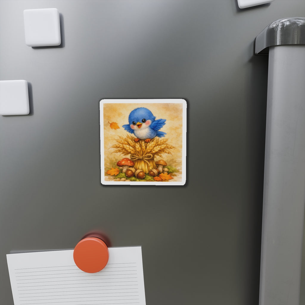 Bluebird Wheat Stack Magnet  Cute Fall Fridge Magnet  Autumn Harvest Kitchen Decor  Woodland Bird Magnet  Cozy Seasonal Gift