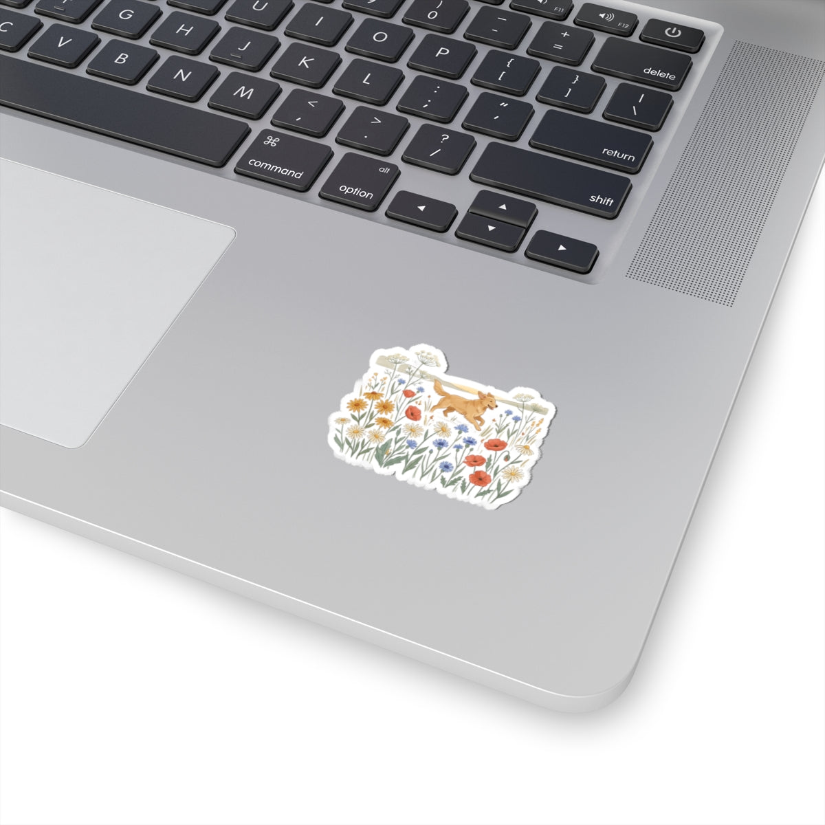 Golden Retriever in Wildflower Field Sticker — Cute Dog Floral Laptop Decal