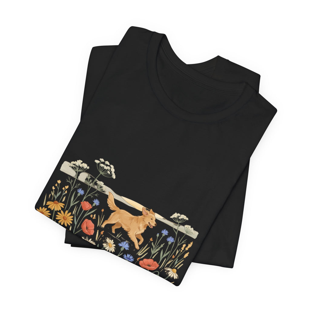 Floral Meadow Dog T‑Shirt — Playful Golden Retriever in Wildflower Field