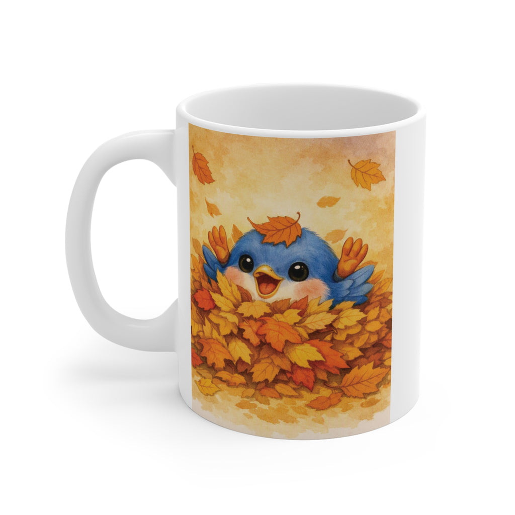 Bluebird in Leaf Pile Mug – Cozy Autumn Watercolor Coffee Cup