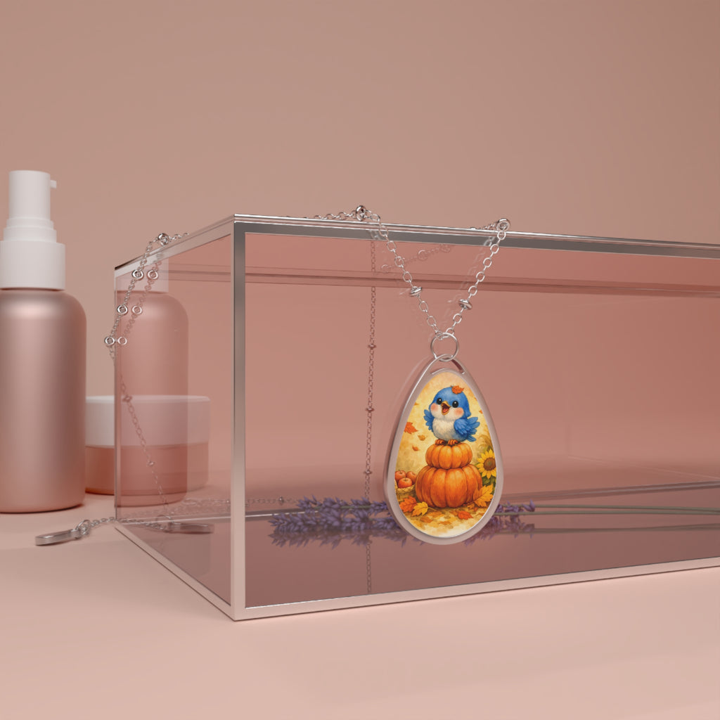 Bluebird on Pumpkin Fall Pendant – Autumn Necklace – Harvest Jewelry