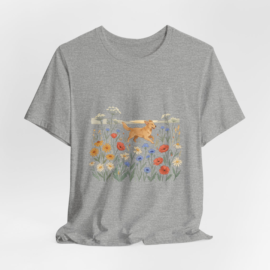 Floral Meadow Dog T‑Shirt — Playful Golden Retriever in Wildflower Field