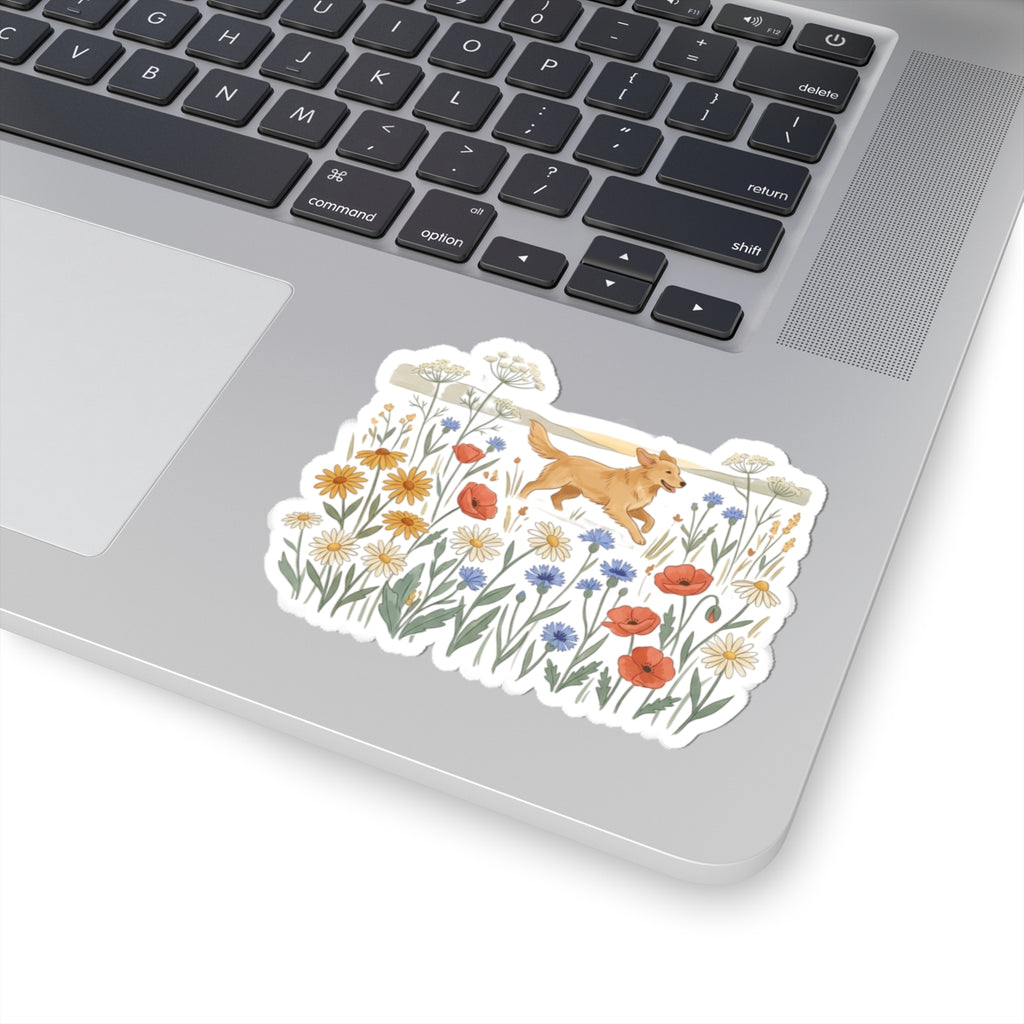 Golden Retriever in Wildflower Field Sticker — Cute Dog Floral Laptop Decal