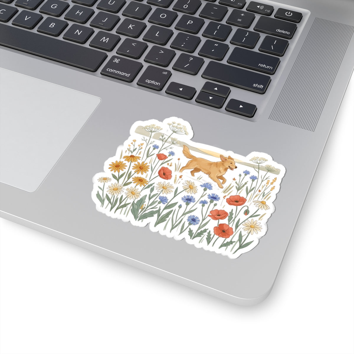 Golden Retriever in Wildflower Field Sticker — Cute Dog Floral Laptop Decal