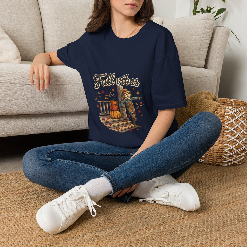 Fall Vibes T-Shirt — Cute Scarecrow & Pumpkin Autumn Graphic Tee
