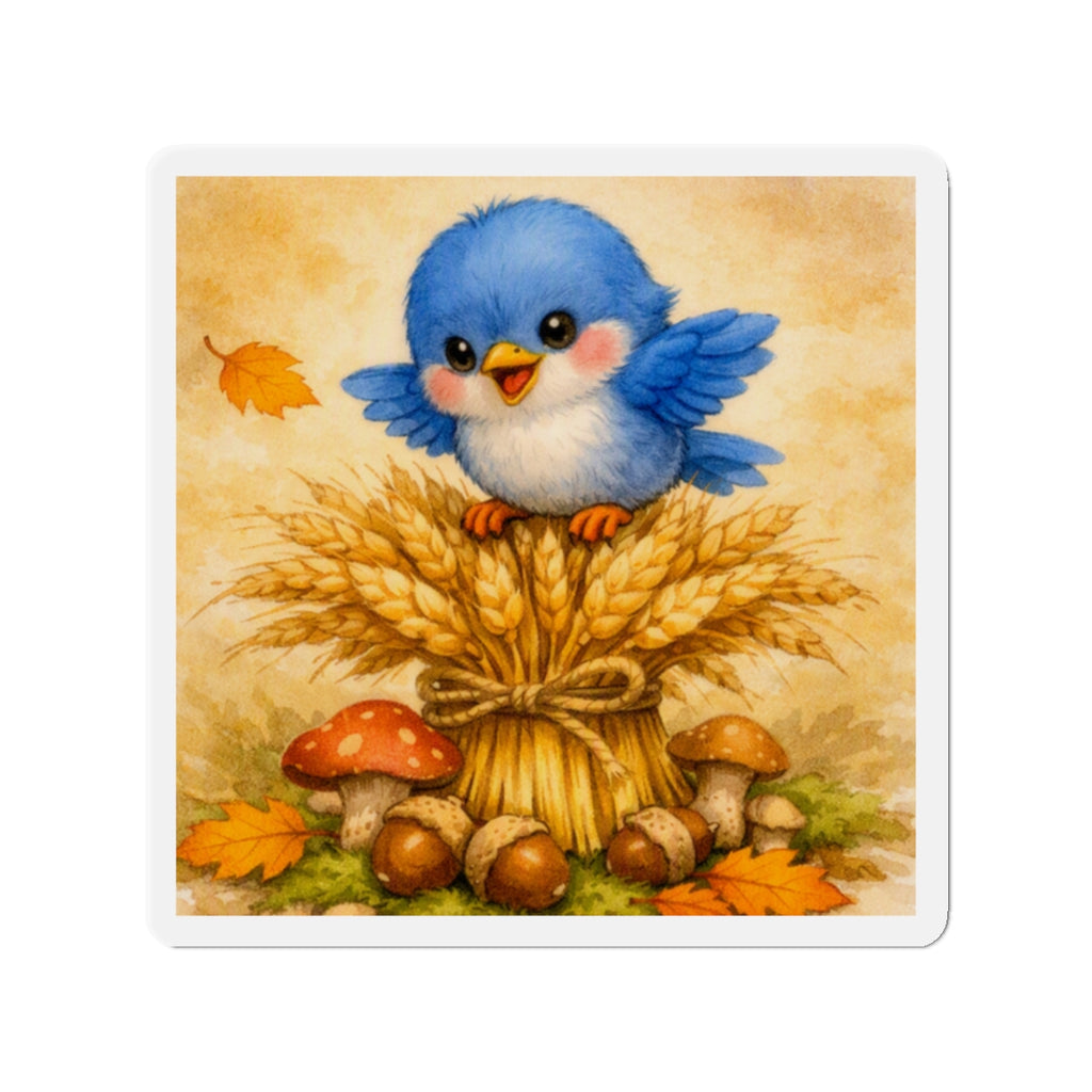 Bluebird Wheat Stack Magnet  Cute Fall Fridge Magnet  Autumn Harvest Kitchen Decor  Woodland Bird Magnet  Cozy Seasonal Gift