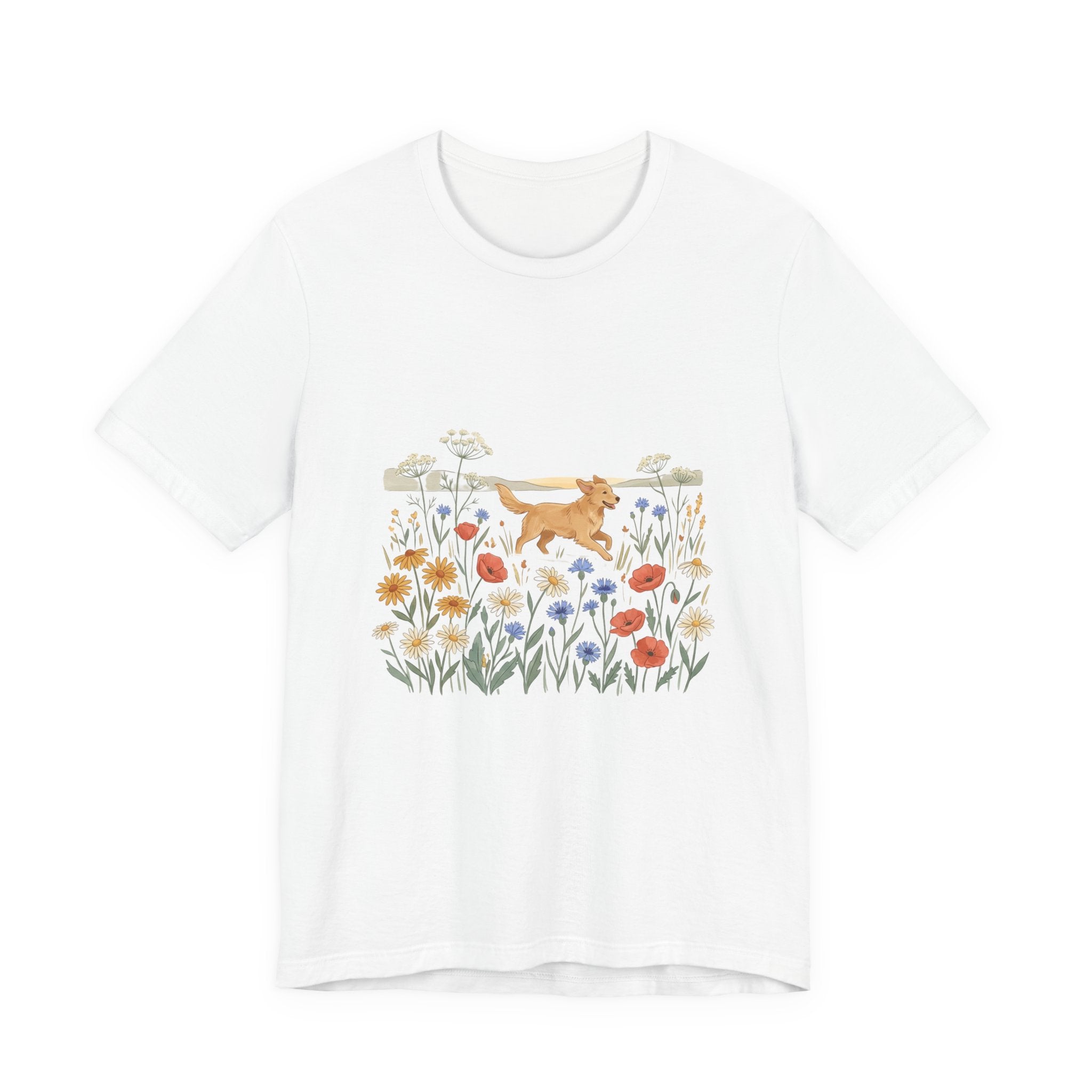 Floral Meadow Dog T‑Shirt — Playful Golden Retriever in Wildflower Field