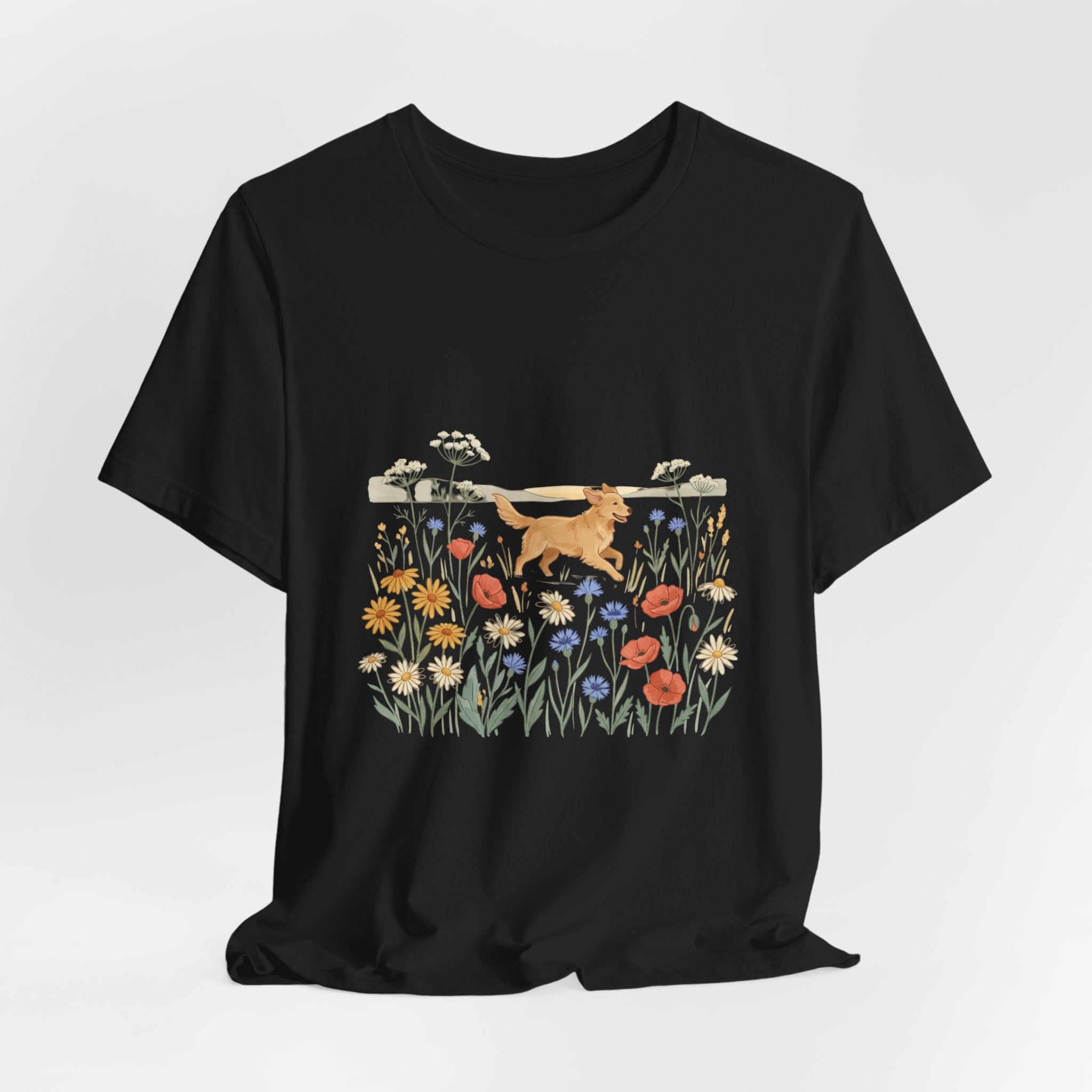 Floral Meadow Dog T‑Shirt — Playful Golden Retriever in Wildflower Field