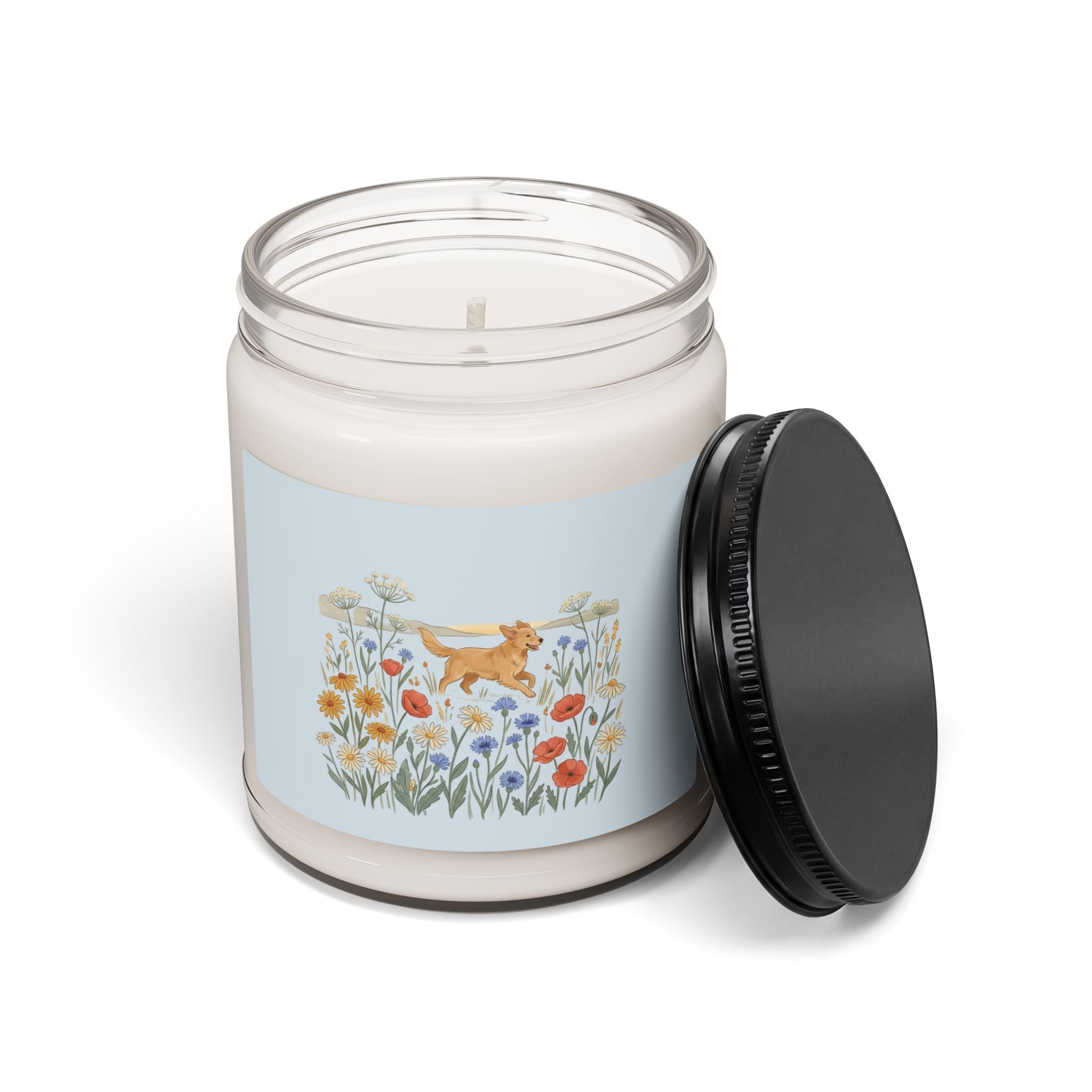 Floral Meadow Soy Candle — 9oz Scented Jar with Golden Retriever Design