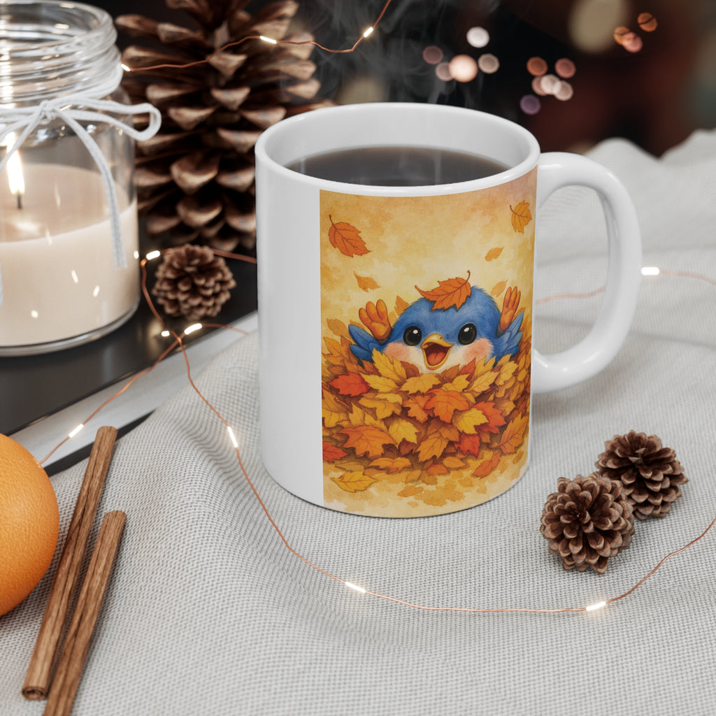 Bluebird in Leaf Pile Mug – Cozy Autumn Watercolor Coffee Cup