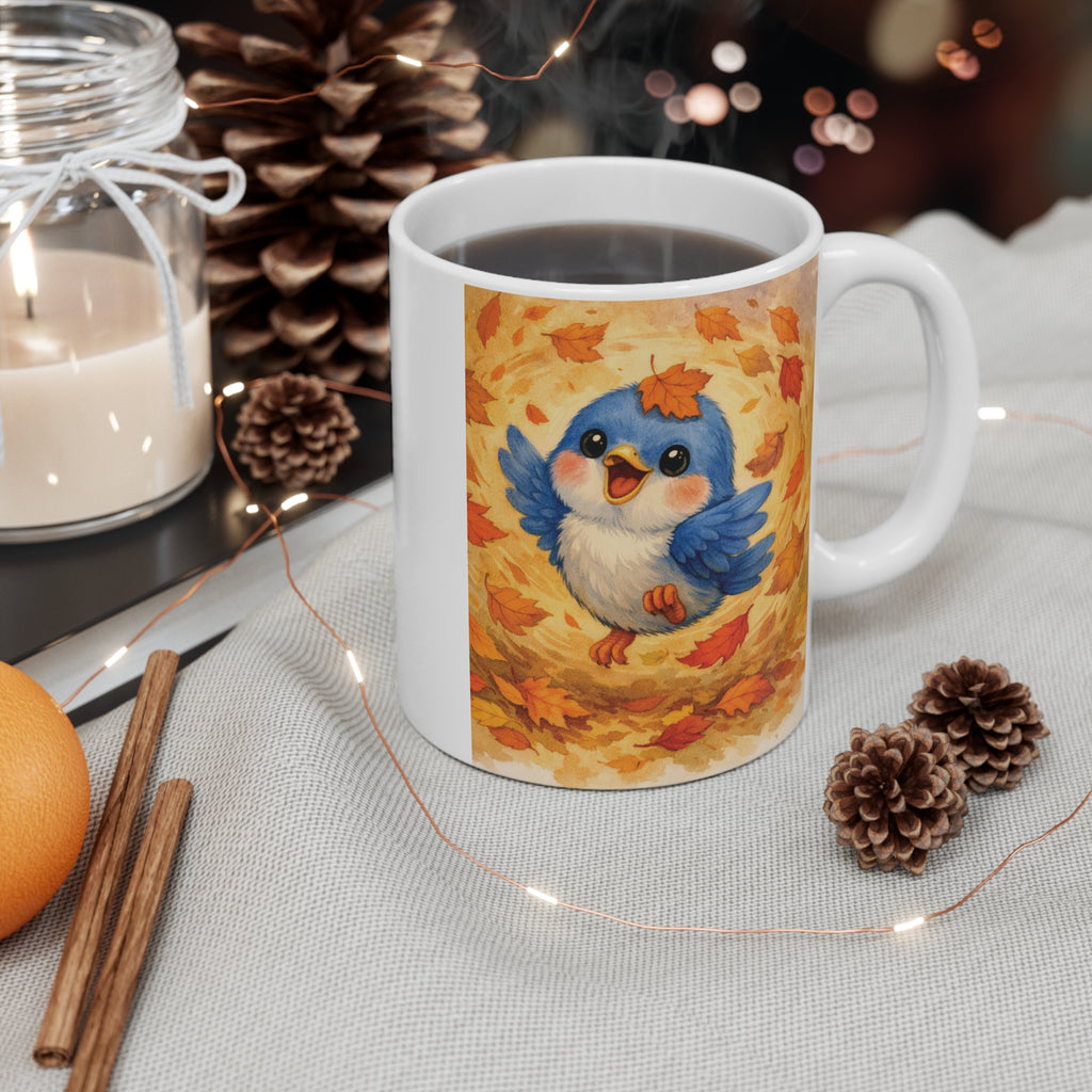 Bluebird in Swirling Leaves Fall Mug – Watercolor Autumn Coffee Cup