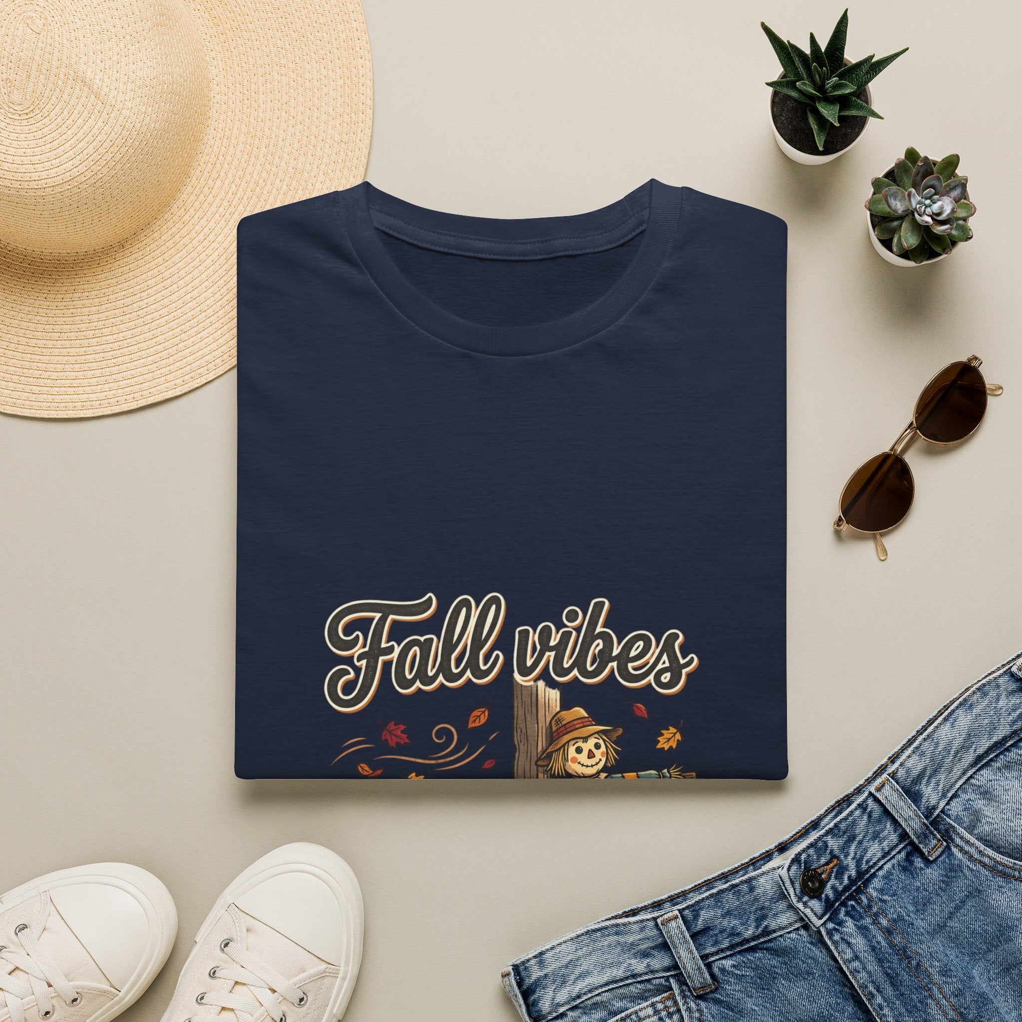 Fall Vibes T-Shirt — Cute Scarecrow & Pumpkin Autumn Graphic Tee