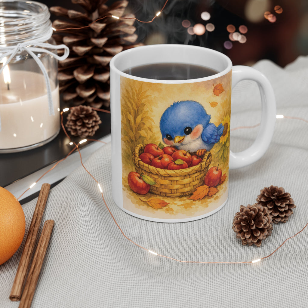 Bluebird & Apple Basket Fall Mug – Watercolor Autumn Coffee Cup