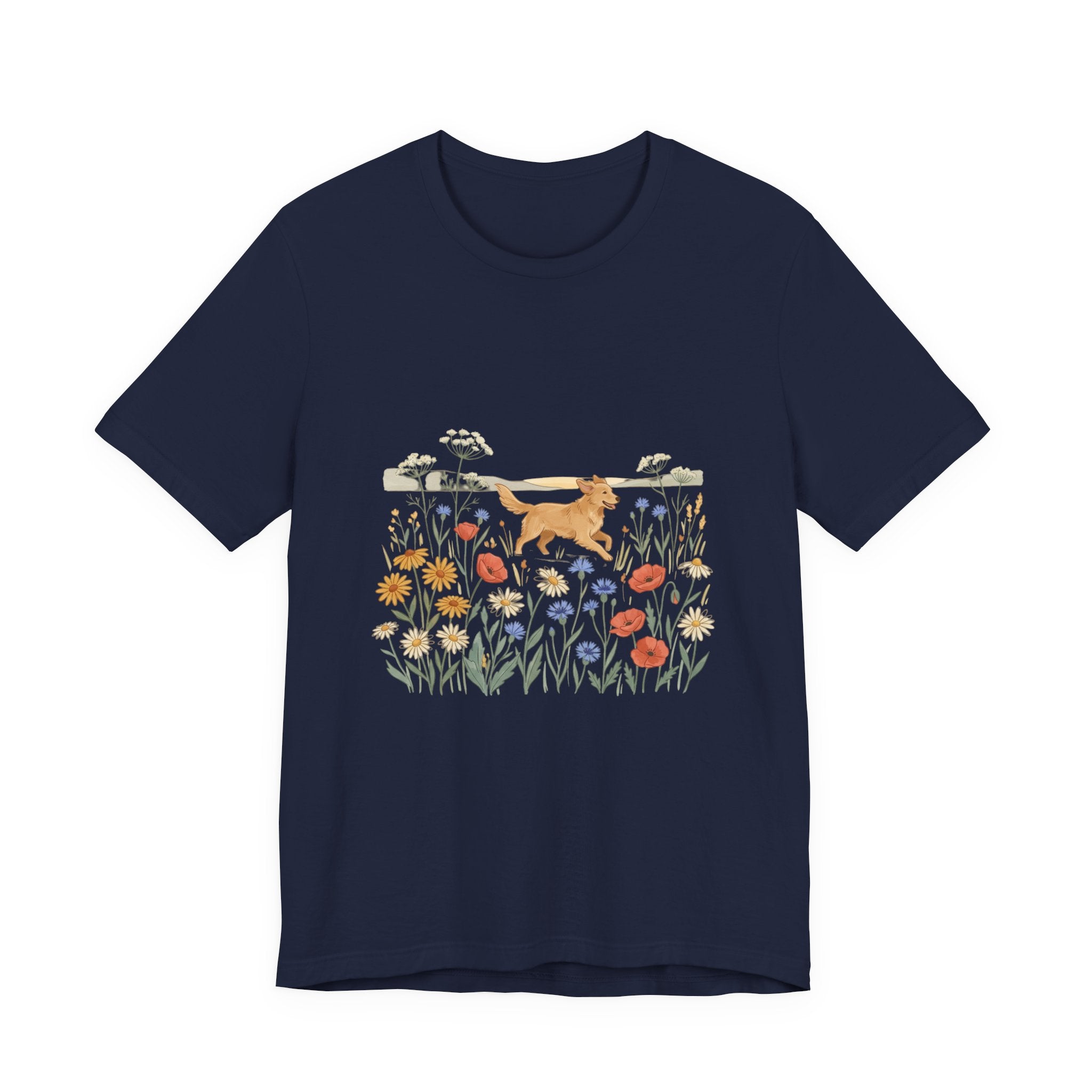 Floral Meadow Dog T‑Shirt — Playful Golden Retriever in Wildflower Field