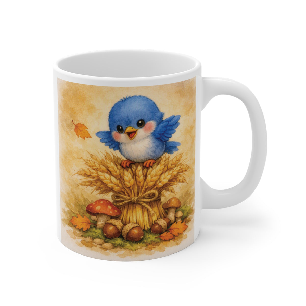 Bluebird on Wheat Mug – Cozy Harvest Watercolor Coffee Cup