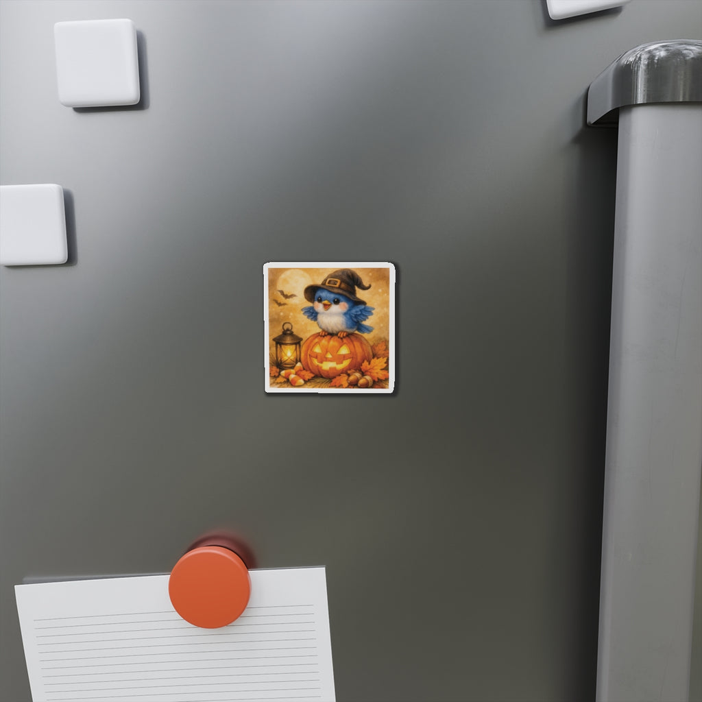 Bluebird in Witch Hat Die‑Cut Magnet – Cozy Autumn Watercolor Design