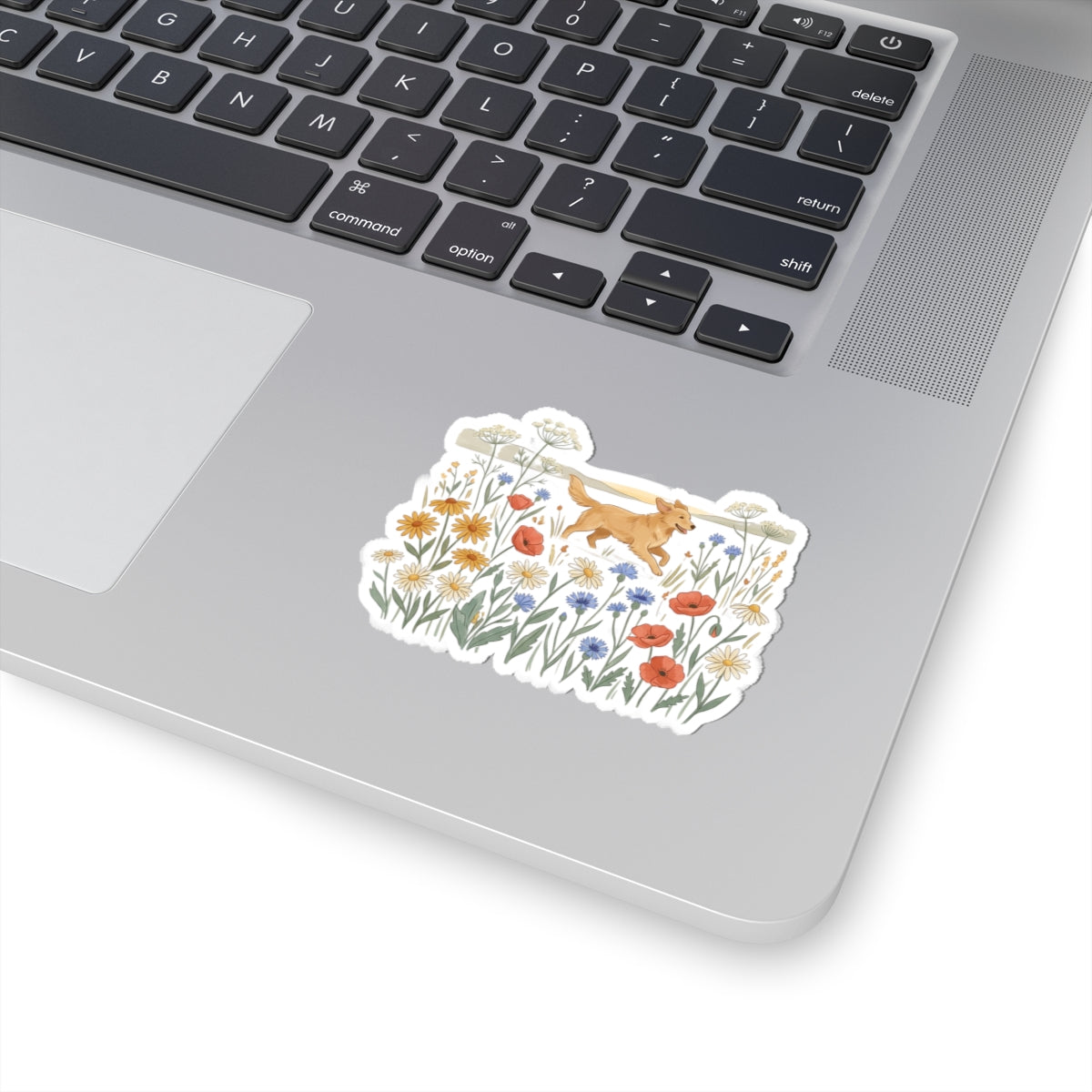 Golden Retriever in Wildflower Field Sticker — Cute Dog Floral Laptop Decal