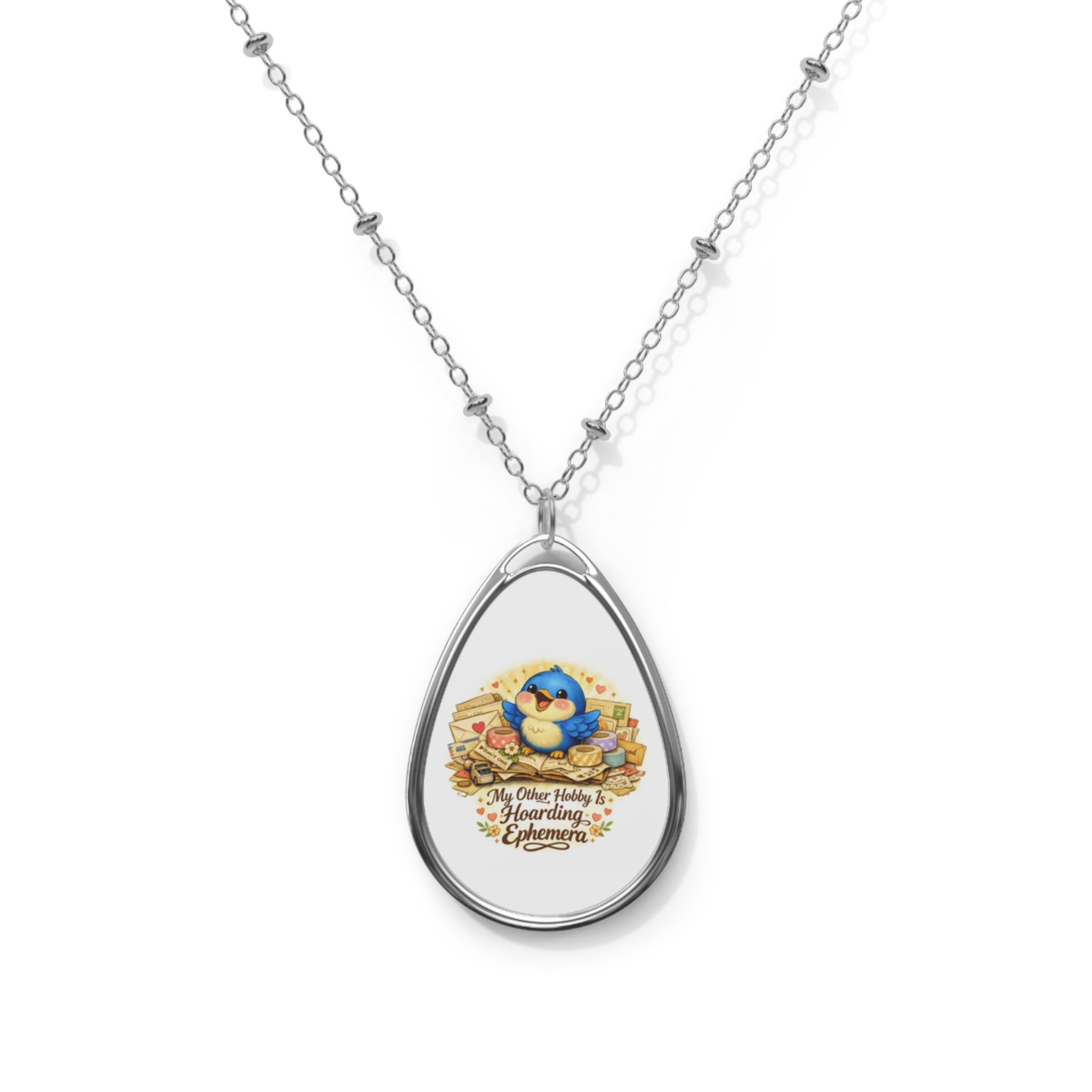 “Bluebird Ephemera Lover Necklace – Teardrop Pendant for Junk Journalers & Paper Collectors"