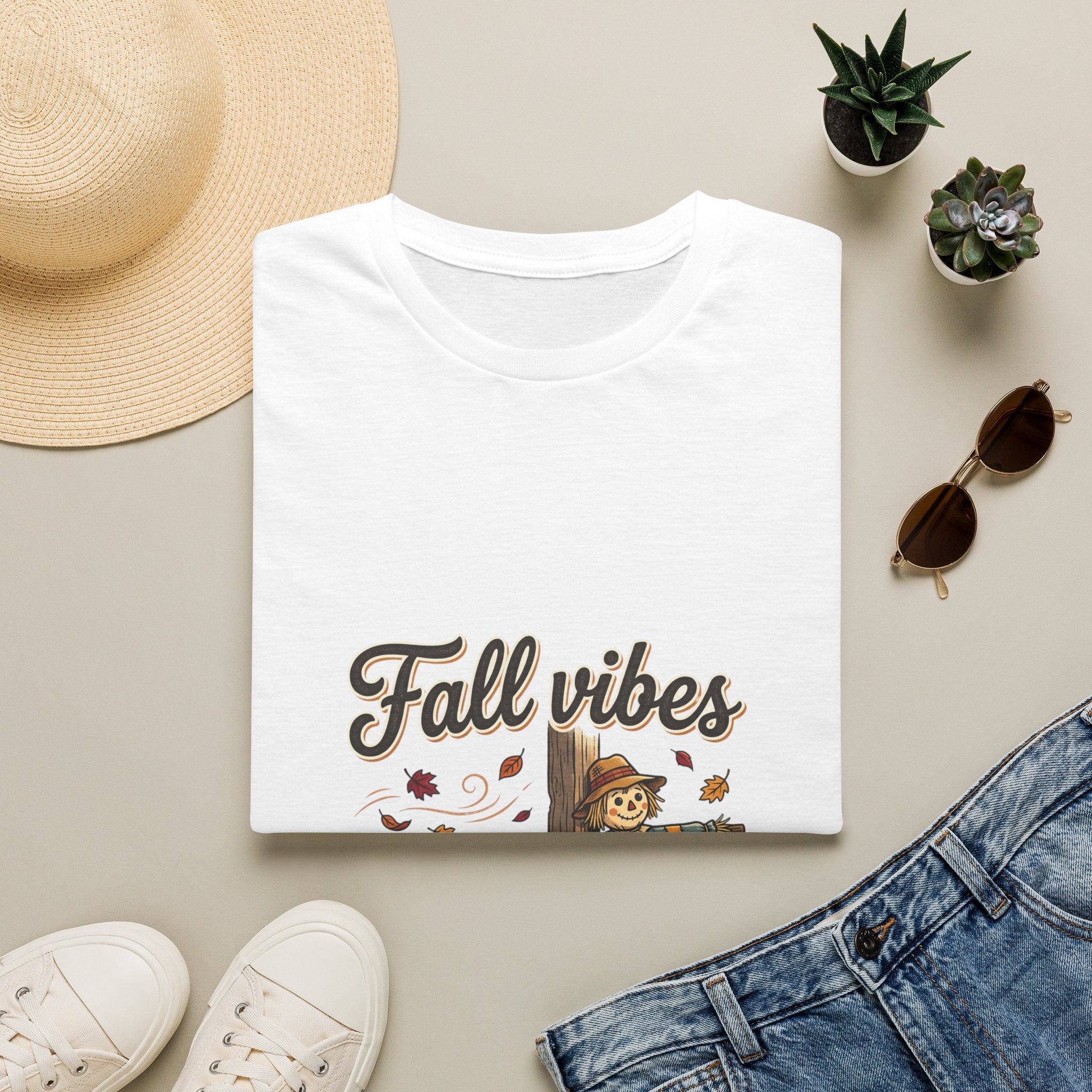 Fall Vibes T-Shirt — Cute Scarecrow & Pumpkin Autumn Graphic Tee