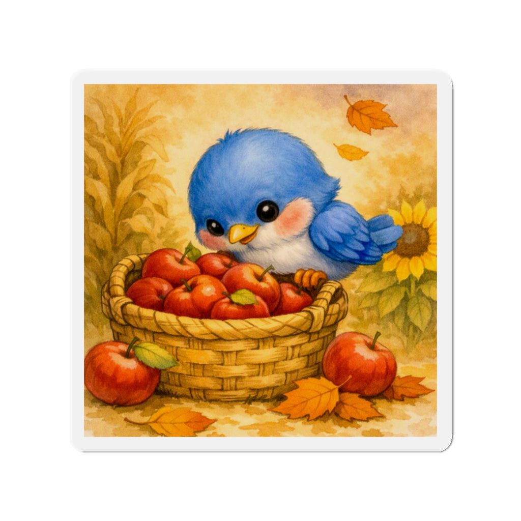 Bluebird with Apple Basket Die‑Cut Magnet – Cozy Fall Watercolor Design