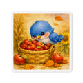 Bluebird with Apple Basket Die‑Cut Magnet – Cozy Fall Watercolor Design