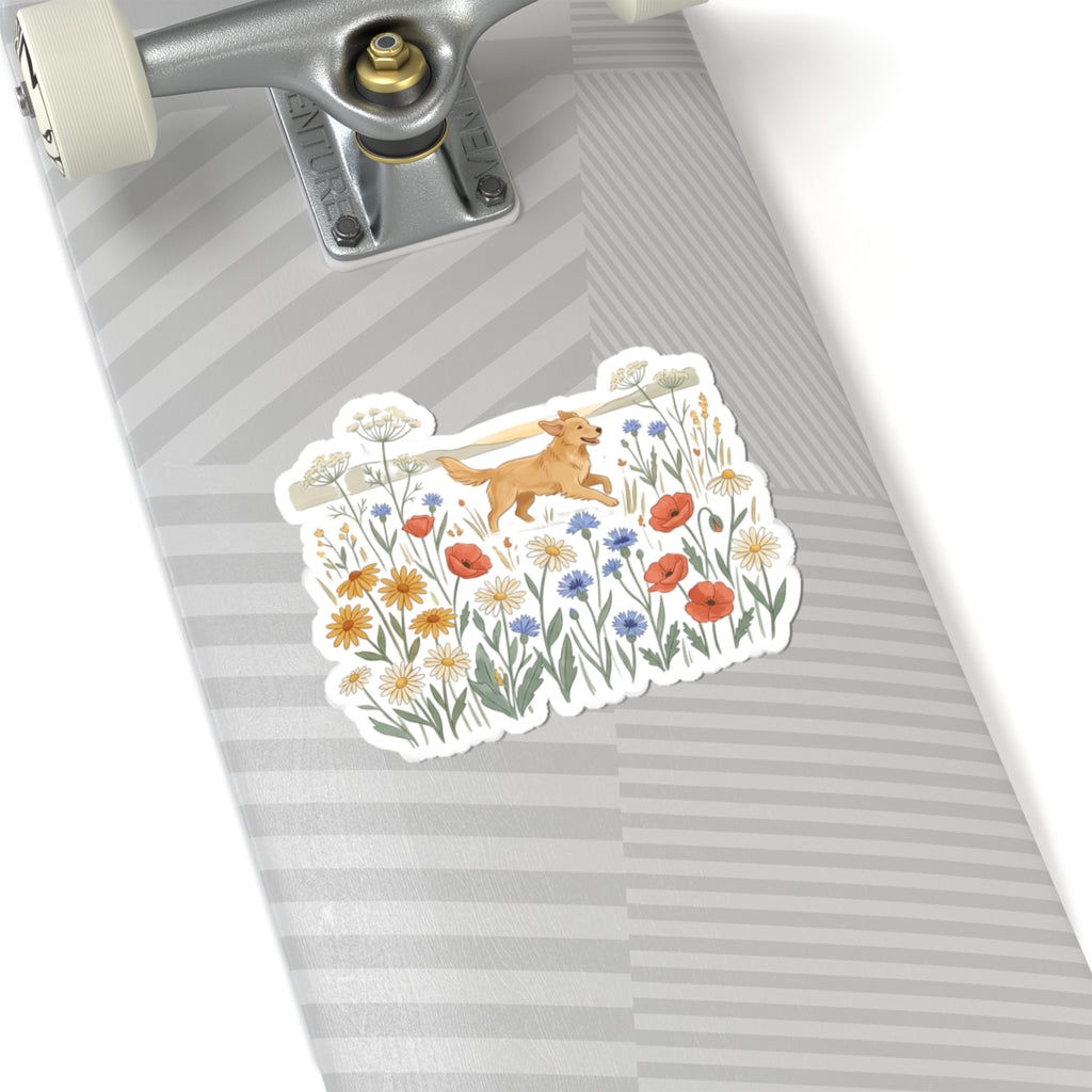 Golden Retriever in Wildflower Field Sticker — Cute Dog Floral Laptop Decal