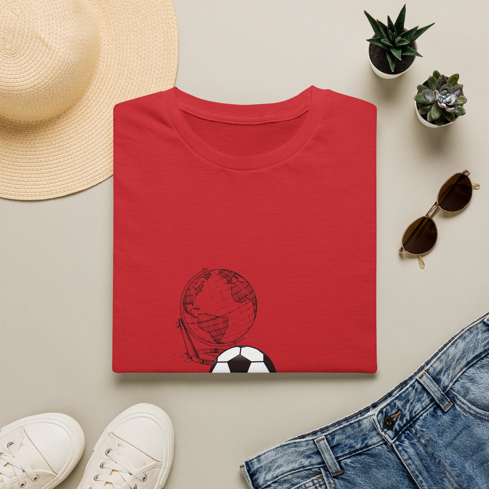 Soccer World Graphic T-Shirt — Globe & Ball Minimalist Tee for Soccer Fans