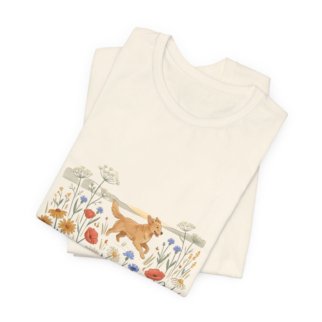 Floral Meadow Dog T‑Shirt — Playful Golden Retriever in Wildflower Field