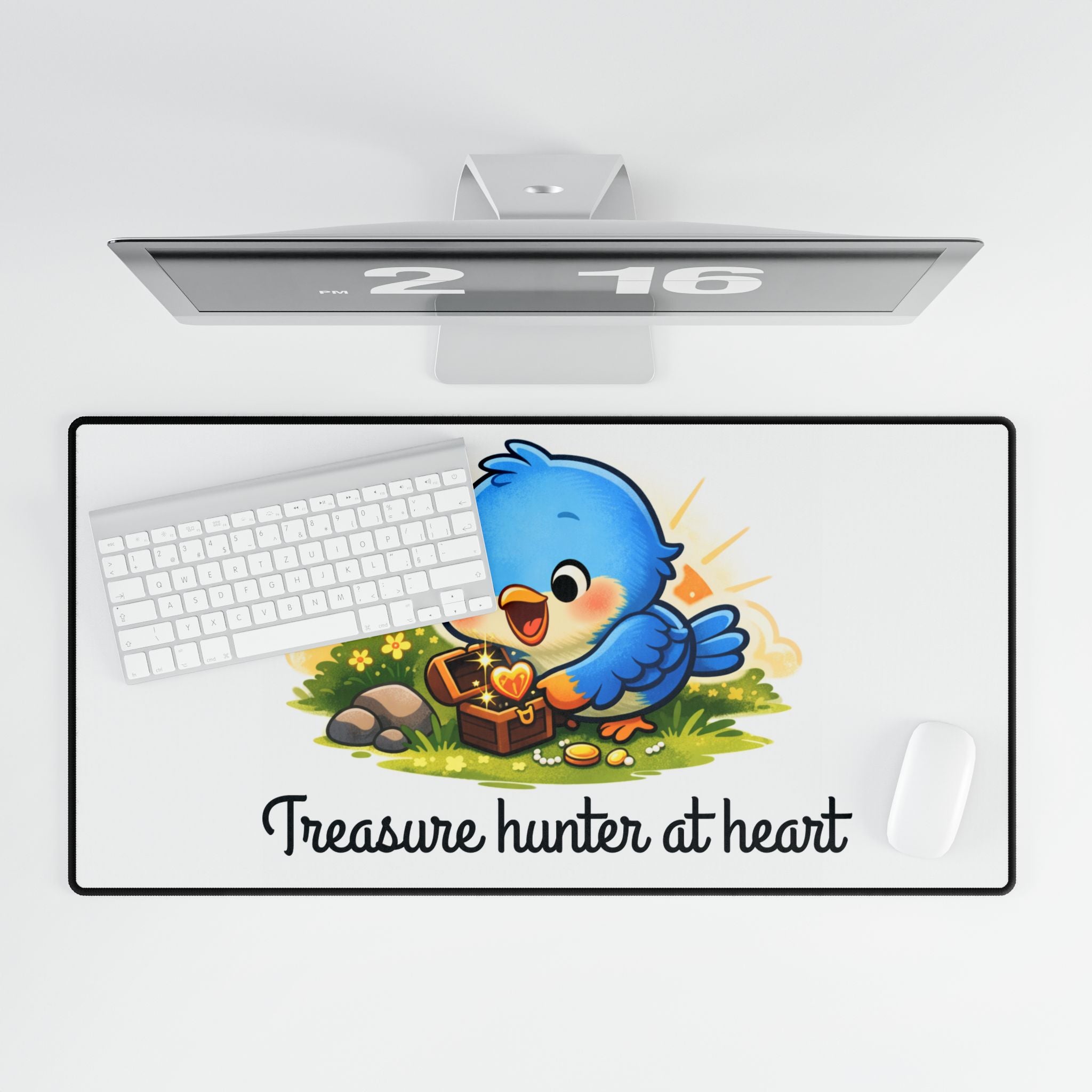 Treasure Hunter Bluebird Desk Mat – Whimsical Workspace Décor for Collectors & Creatives