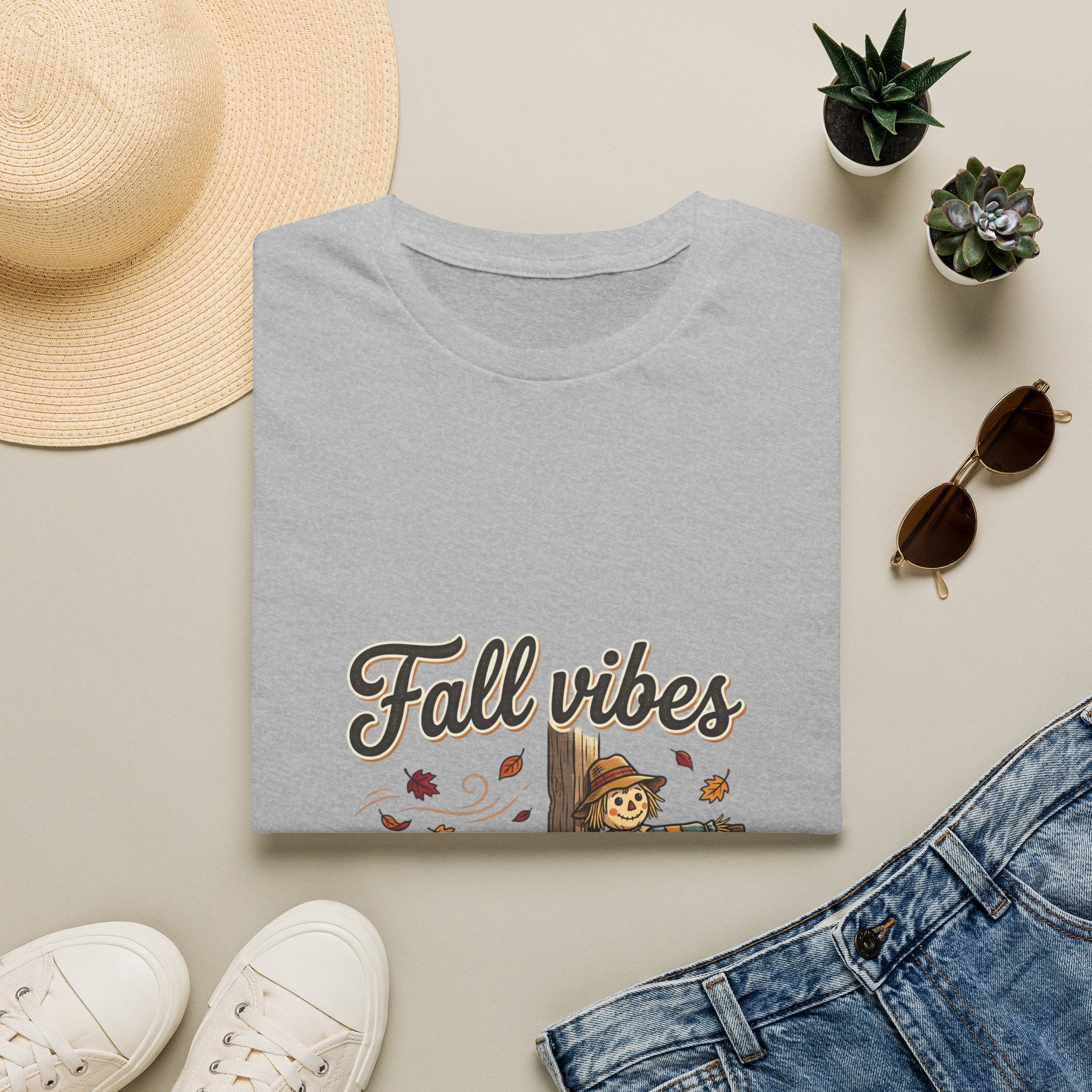 Fall Vibes T-Shirt — Cute Scarecrow & Pumpkin Autumn Graphic Tee