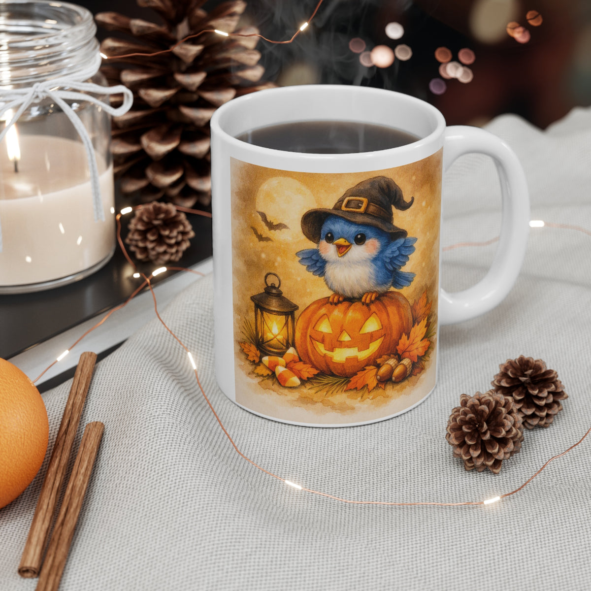 Bluebird Witch Hat Mug – Cute Halloween Watercolor Coffee Cup