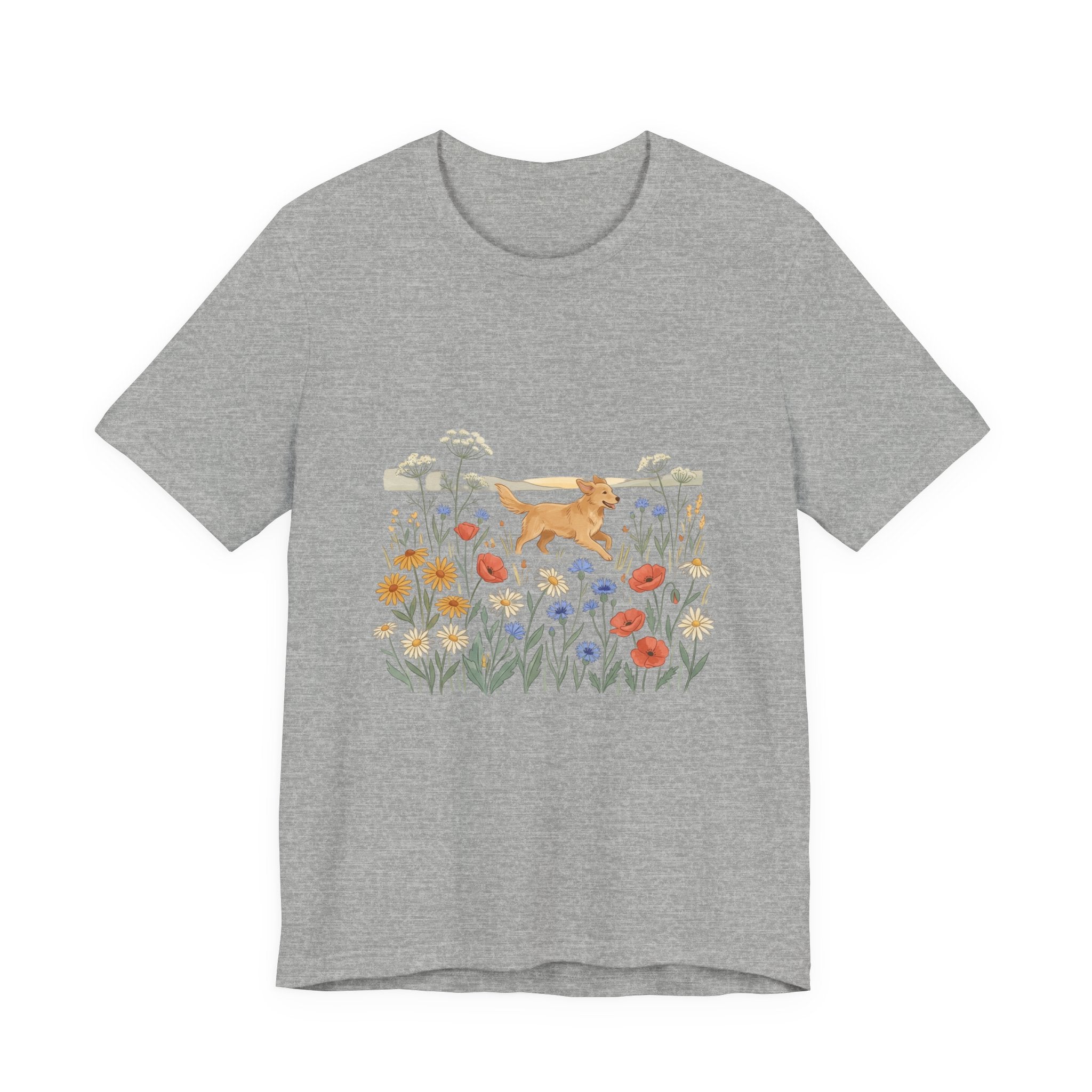 Floral Meadow Dog T‑Shirt — Playful Golden Retriever in Wildflower Field