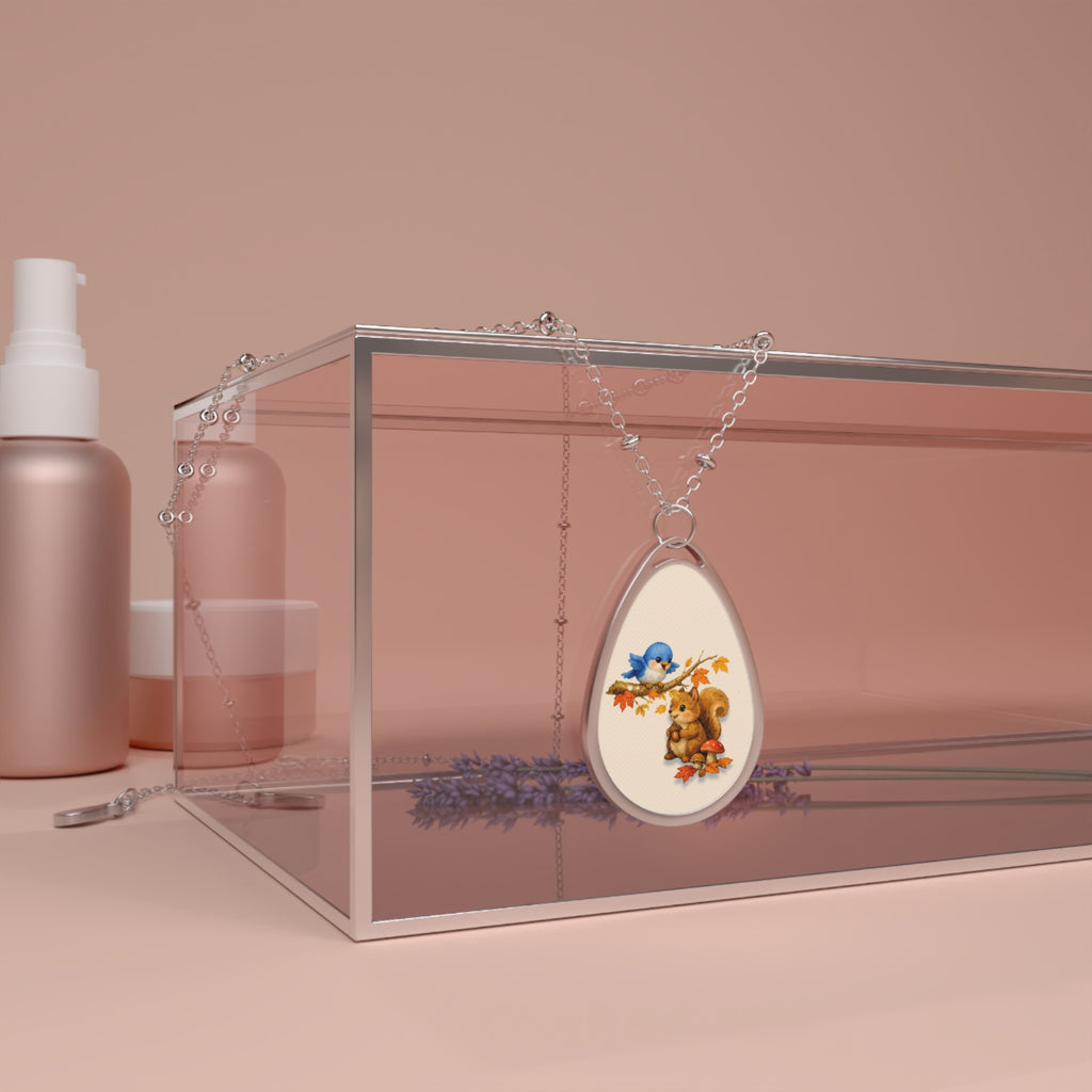 Woodland Friends Teardrop Necklace – Bluebird & Squirrel Storybook Pendant