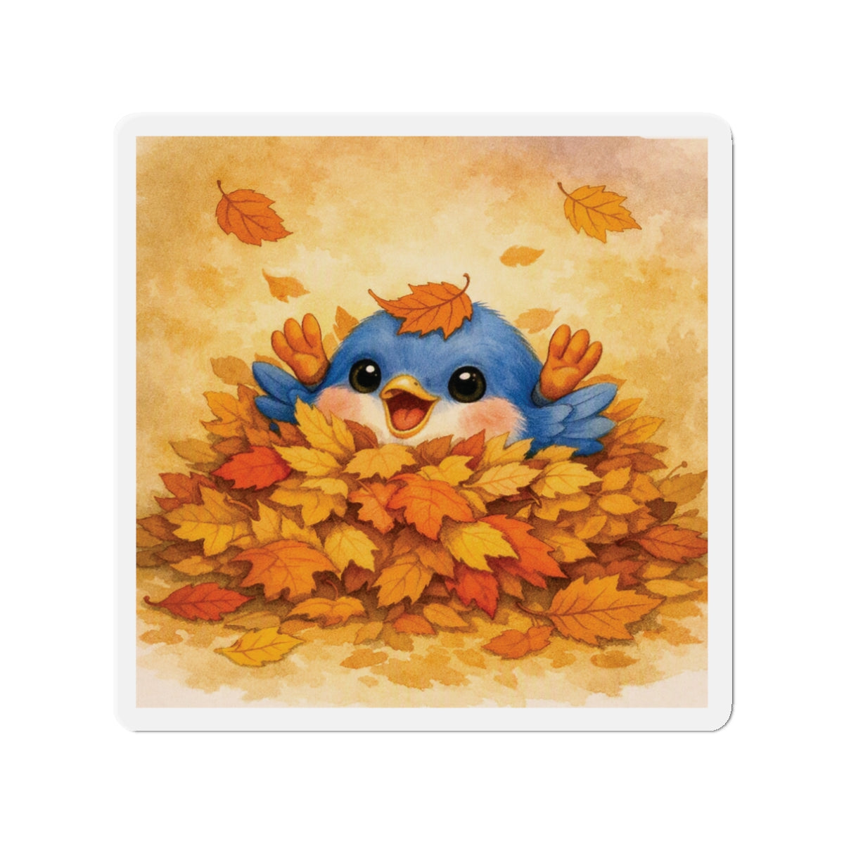 Autumn Bluebird Magnet – Watercolor Leaf Pile Art