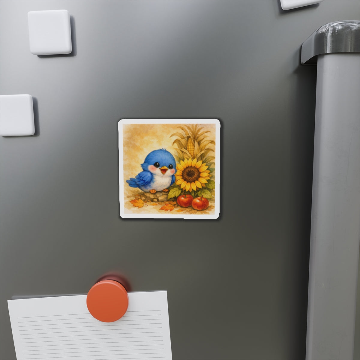 Bluebird Sunflower Magnet  Cute Fall Fridge Magnet  Autumn Harvest Kitchen Decor  Woodland Bird Magnet  Cozy Seasonal Gift