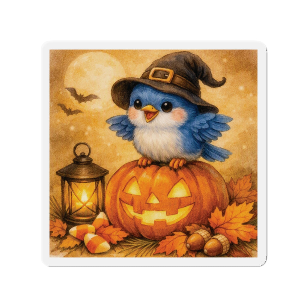 Bluebird in Witch Hat Die‑Cut Magnet – Cozy Autumn Watercolor Design