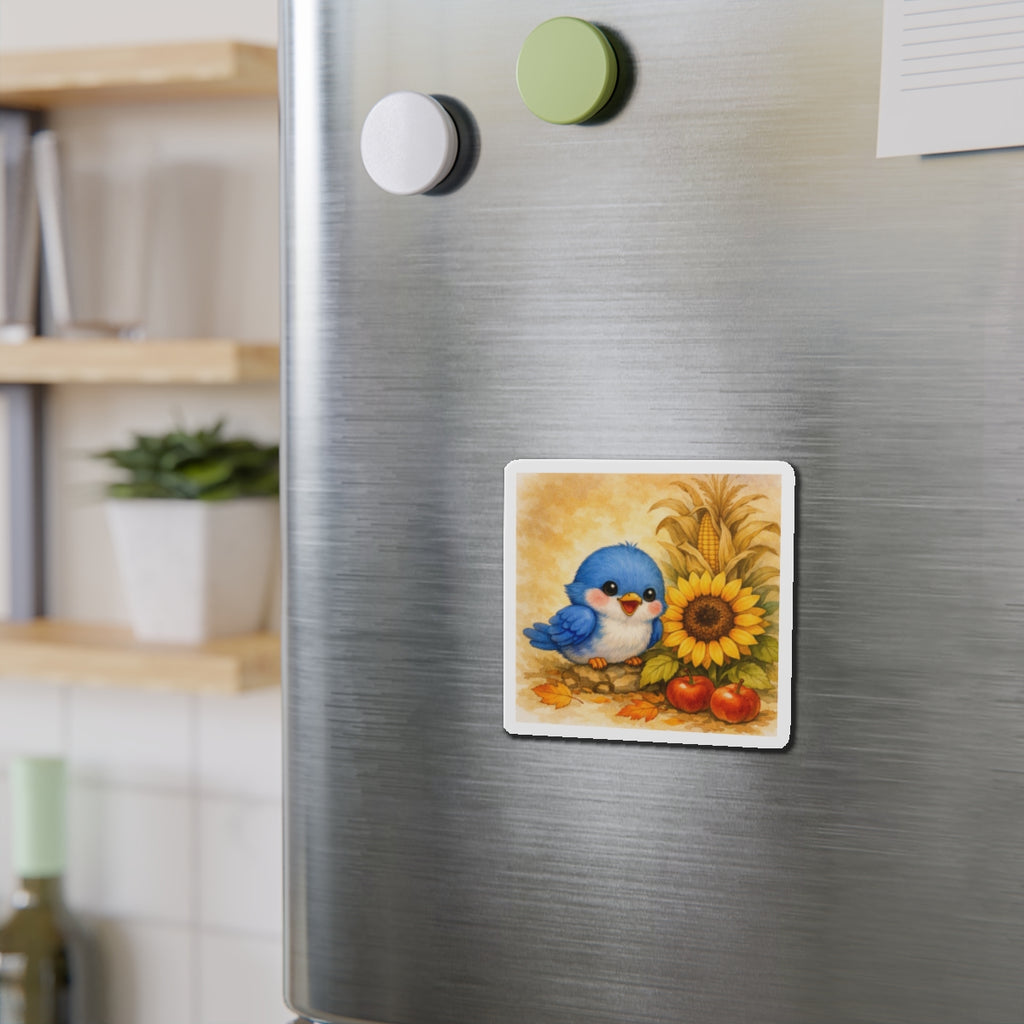 Bluebird Sunflower Magnet  Cute Fall Fridge Magnet  Autumn Harvest Kitchen Decor  Woodland Bird Magnet  Cozy Seasonal Gift