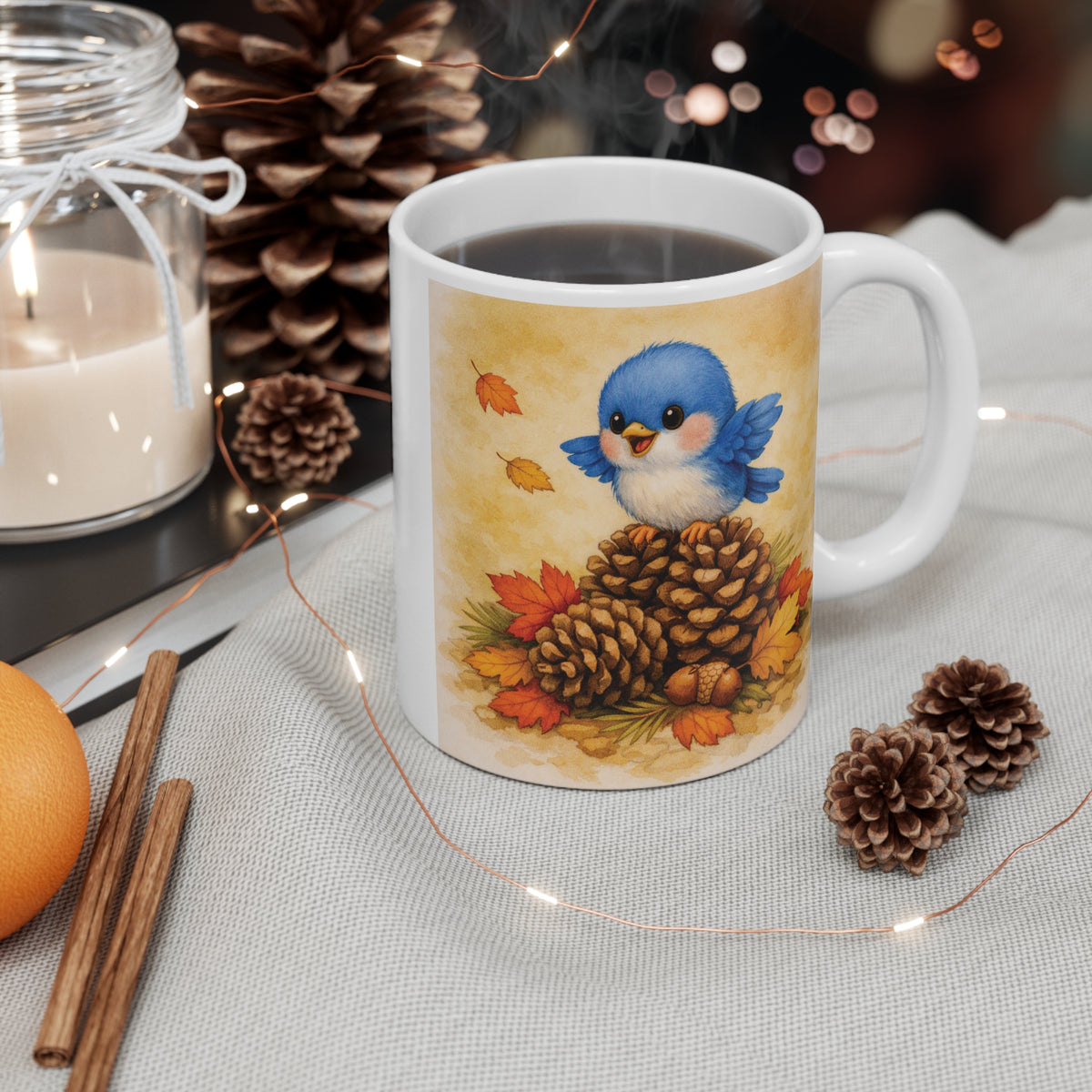 Bluebird on Pinecones Mug – Cozy Woodland Watercolor Coffee Cup