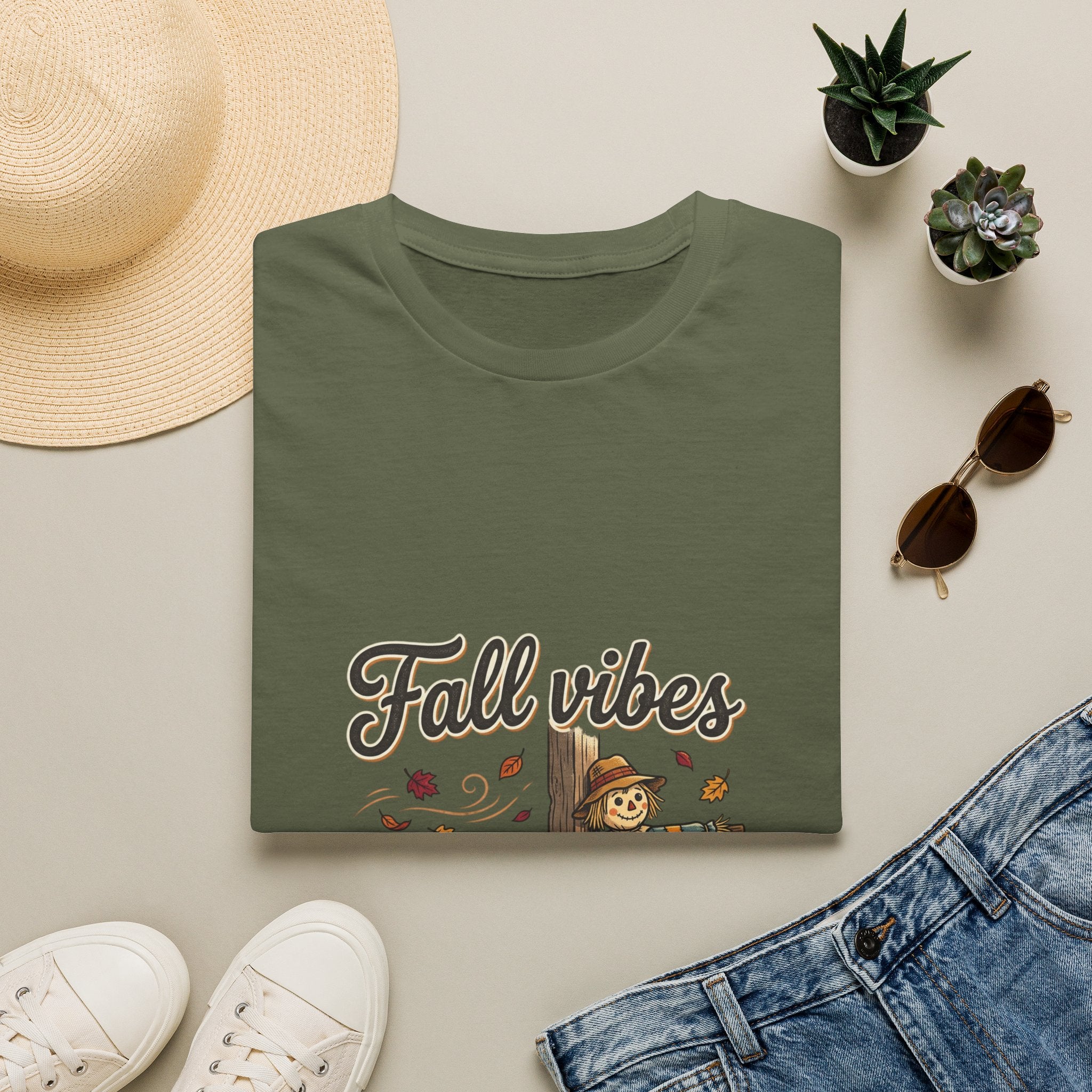 Fall Vibes T-Shirt — Cute Scarecrow & Pumpkin Autumn Graphic Tee