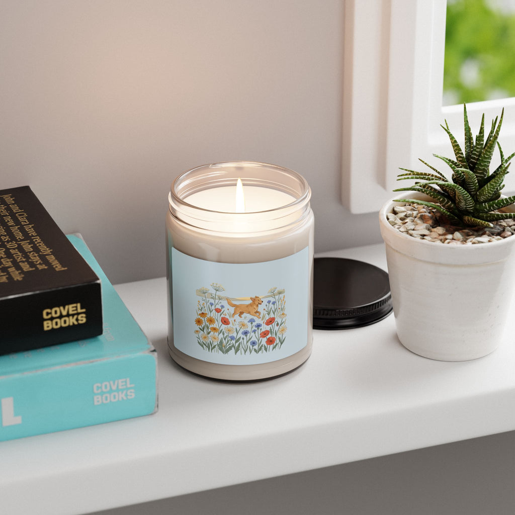 Floral Meadow Soy Candle — 9oz Scented Jar with Golden Retriever Design