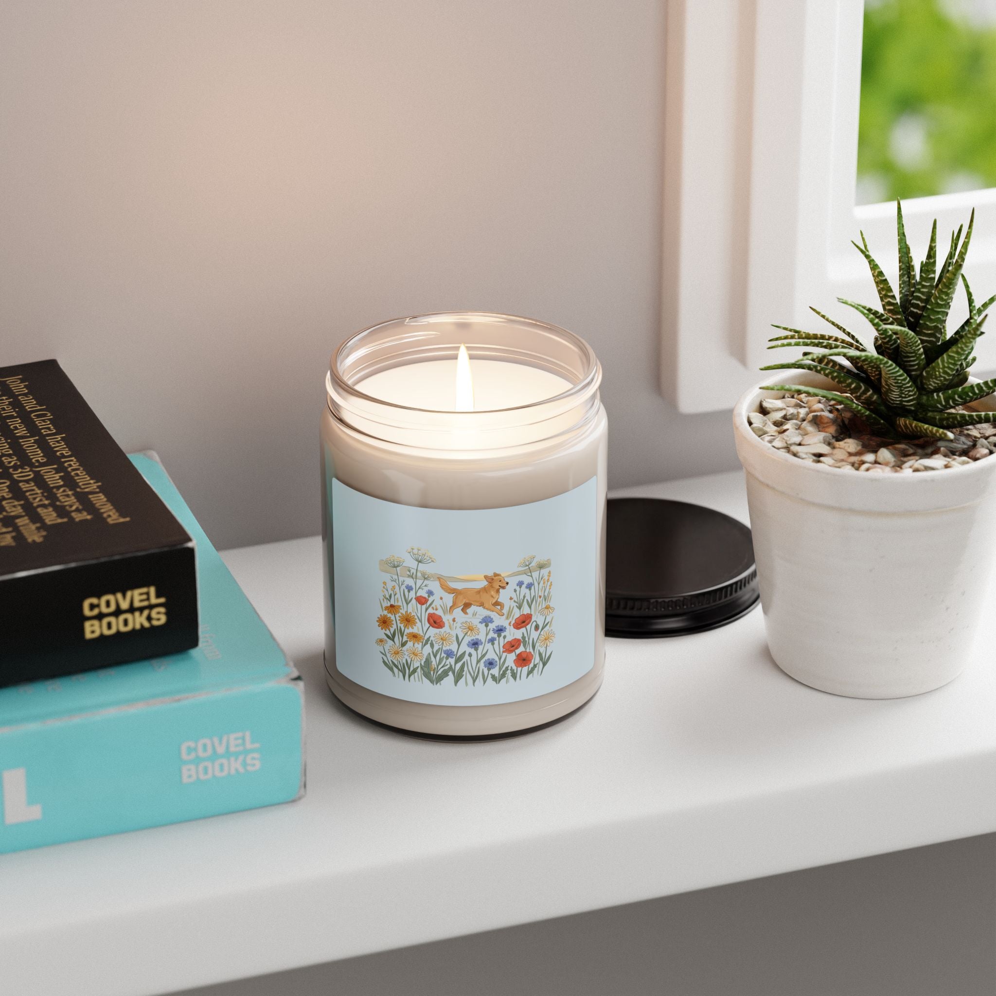 Floral Meadow Soy Candle — 9oz Scented Jar with Golden Retriever Design