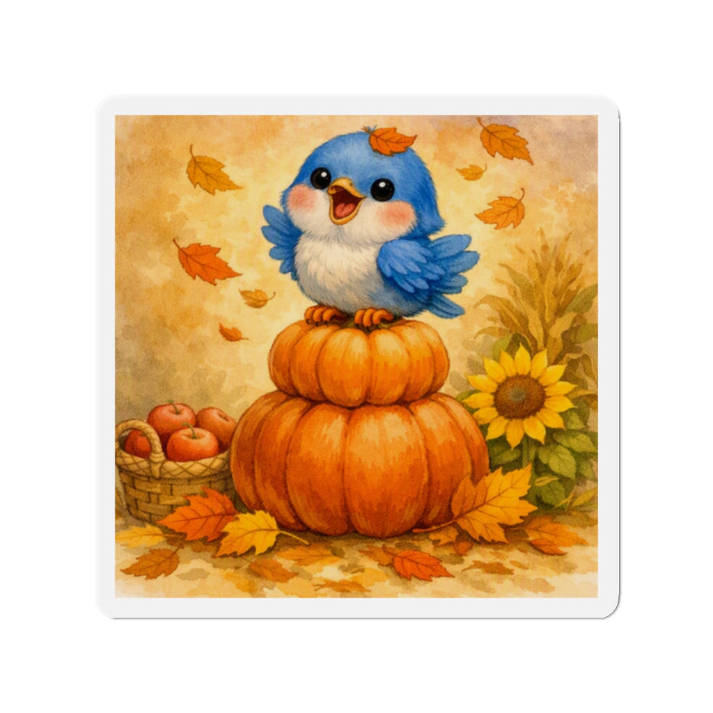 Harvest Bluebird Die‑Cut Magnet – Cozy Fall Pumpkin Watercolor Design