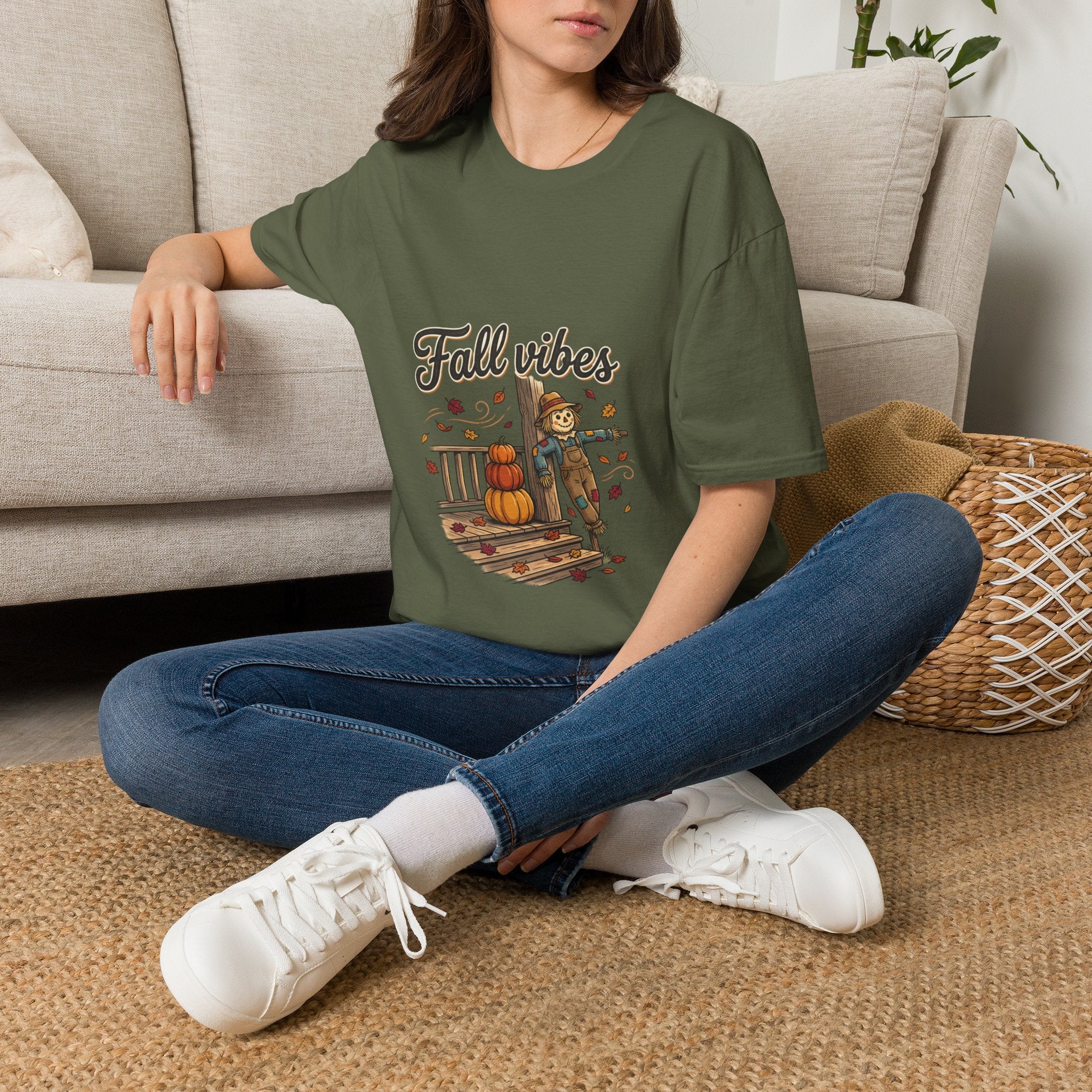 Fall Vibes T-Shirt — Cute Scarecrow & Pumpkin Autumn Graphic Tee