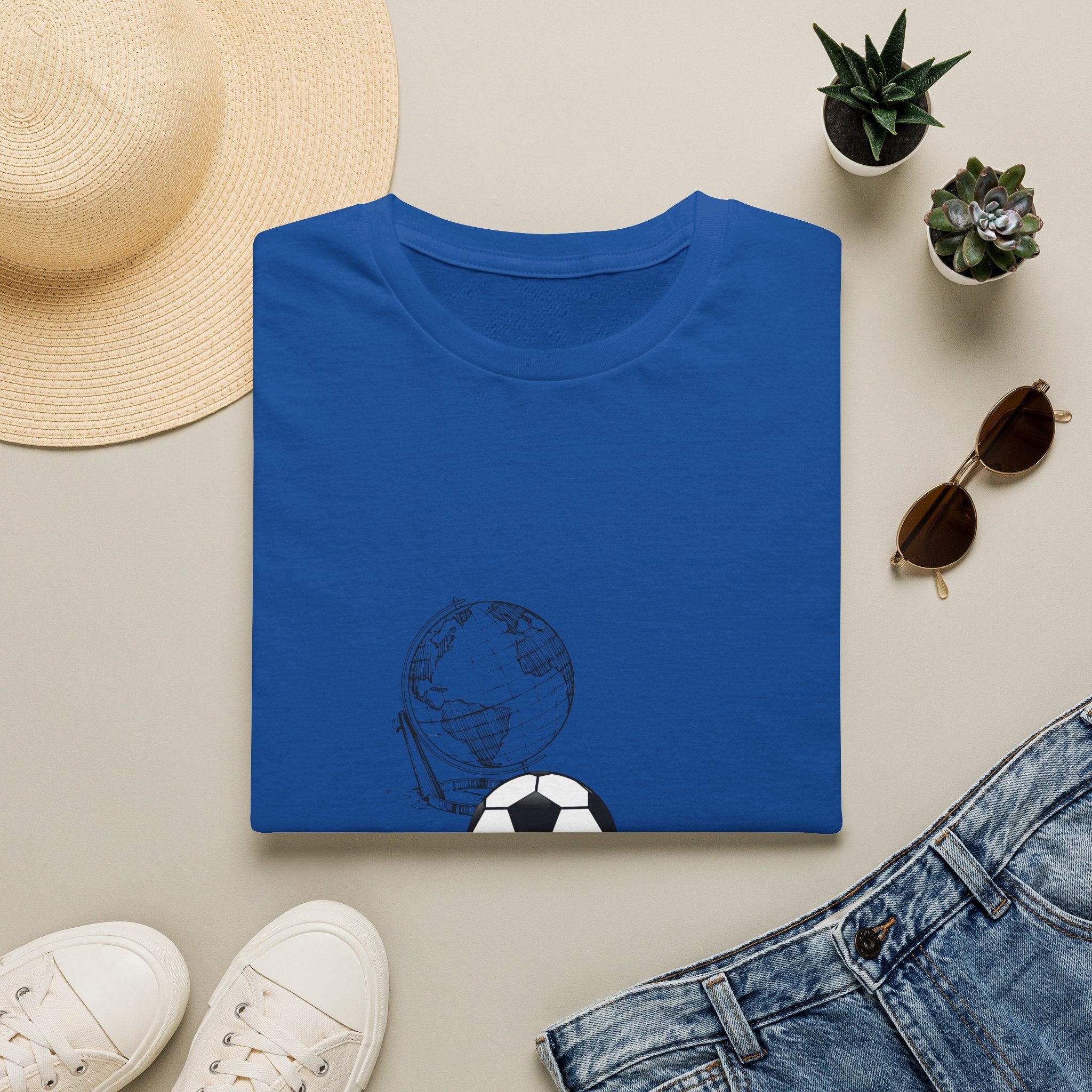 Soccer World Graphic T-Shirt — Globe & Ball Minimalist Tee for Soccer Fans