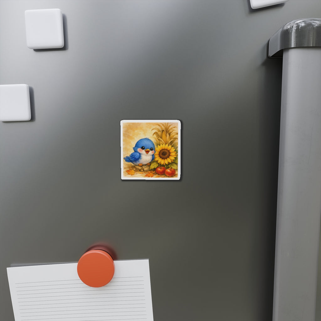 Bluebird Sunflower Magnet  Cute Fall Fridge Magnet  Autumn Harvest Kitchen Decor  Woodland Bird Magnet  Cozy Seasonal Gift