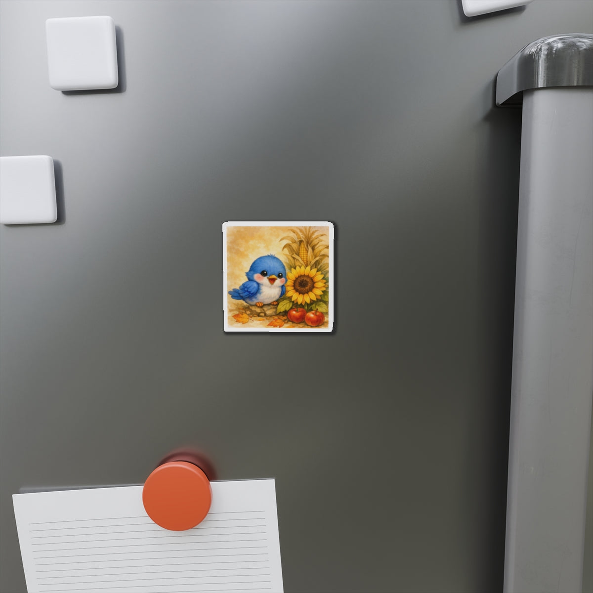 Bluebird Sunflower Magnet  Cute Fall Fridge Magnet  Autumn Harvest Kitchen Decor  Woodland Bird Magnet  Cozy Seasonal Gift